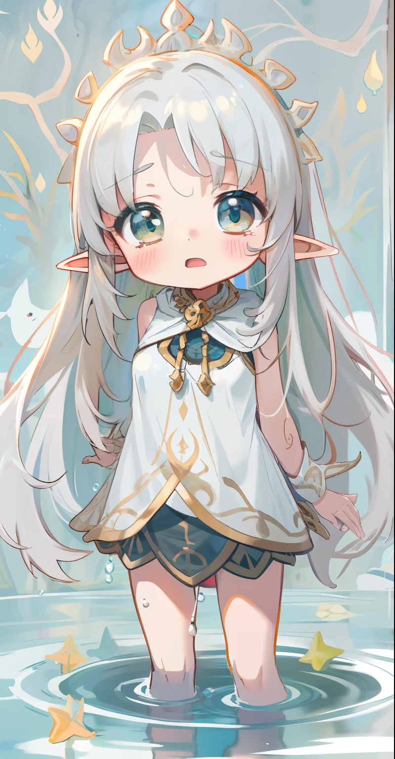 White-haired li，adolable，Childlike big breasts，White suspender stockings,Long flowing hair，breast curtains，No clothing，The inside of the cloak is ，clear curvy details, White body，Hair is shiny，Delicate and shiny skin，The body is soaked in water，In the sea，cleanness，The skin inside can be seen，ears of elf，streaming tears，Barefoot girl，On the mirror-like surface of the water，Slippery and reflective skin