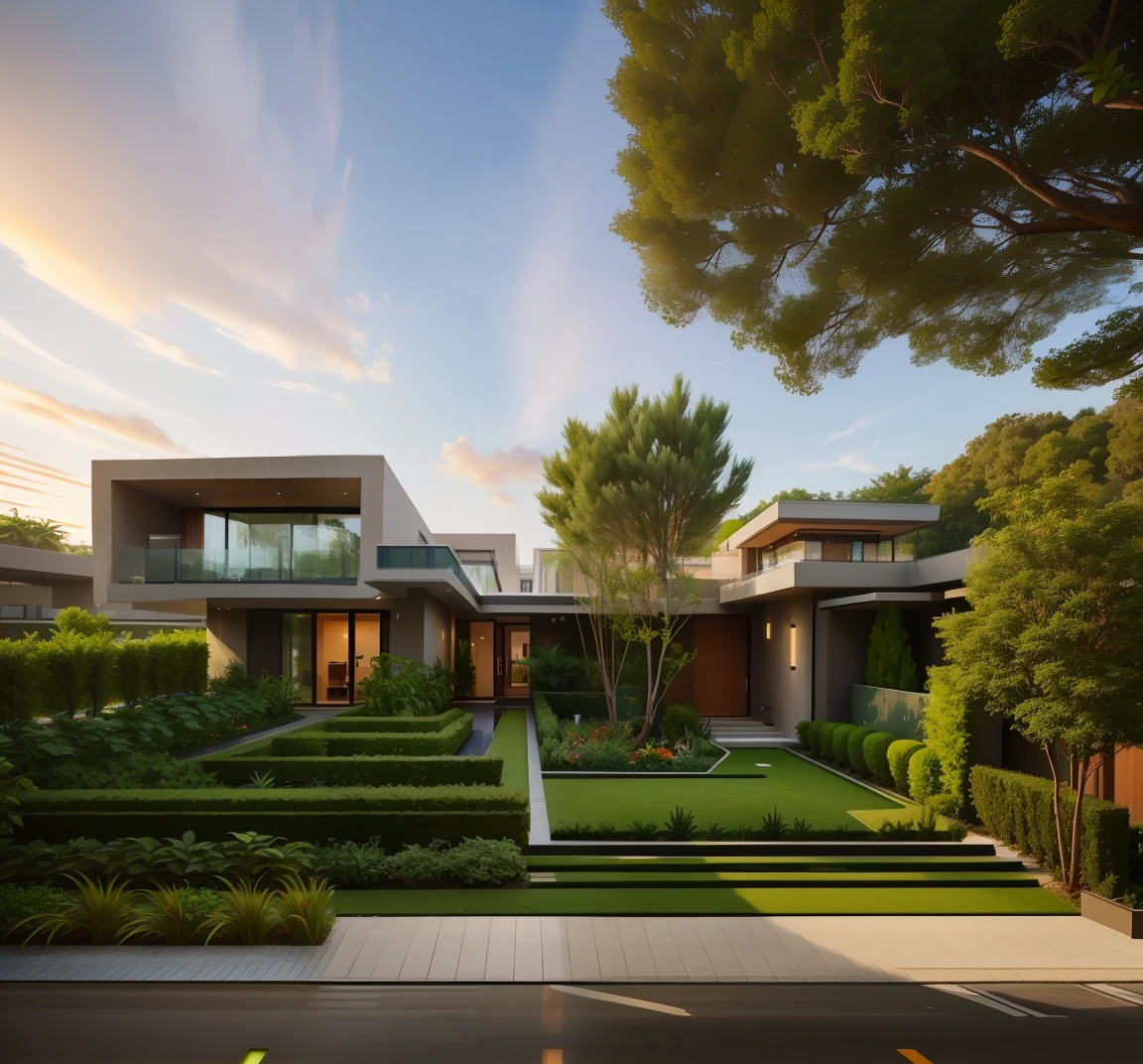 arafed modern house with a garden and a walkway, large modern residence, rich greenery, well-designed masterpiece, residential, stunning lines, dense with greenery, sleek utopian design, award winning modern design, contemporary architecture, contemporary house, beautifully symmetrical, award-winning masterpiece, modern house, very symmetrical, arhitectural shot