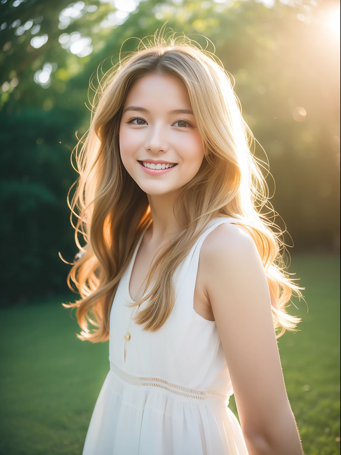 masterpiece, best quality,  Capture a candid moment of a youthful German girl in a flowy white dress, with golden locks of hair reflecting the sunlight as she radiates pure joy and warmth. The photograph should capture the essence of healing and cheerfulness. Inspired by the work of photographer Lena Donauer, use a warm and bright color temperature to enhance the glow on the subject's face. The lighting should be natural, with soft shadows and a gentle breeze to emphasize the ethereal quality of the scene. Shot with a Canon EOS R5 camera, using a 35mm lens with an aperture of f/1.8, ISO 200, and a shutter speed of 1/800 sec. Vignette and light leaks, with a soft focus, should also be added in post-processing to create an idyllic, dreamy quality. UHD dtm HDR 4k