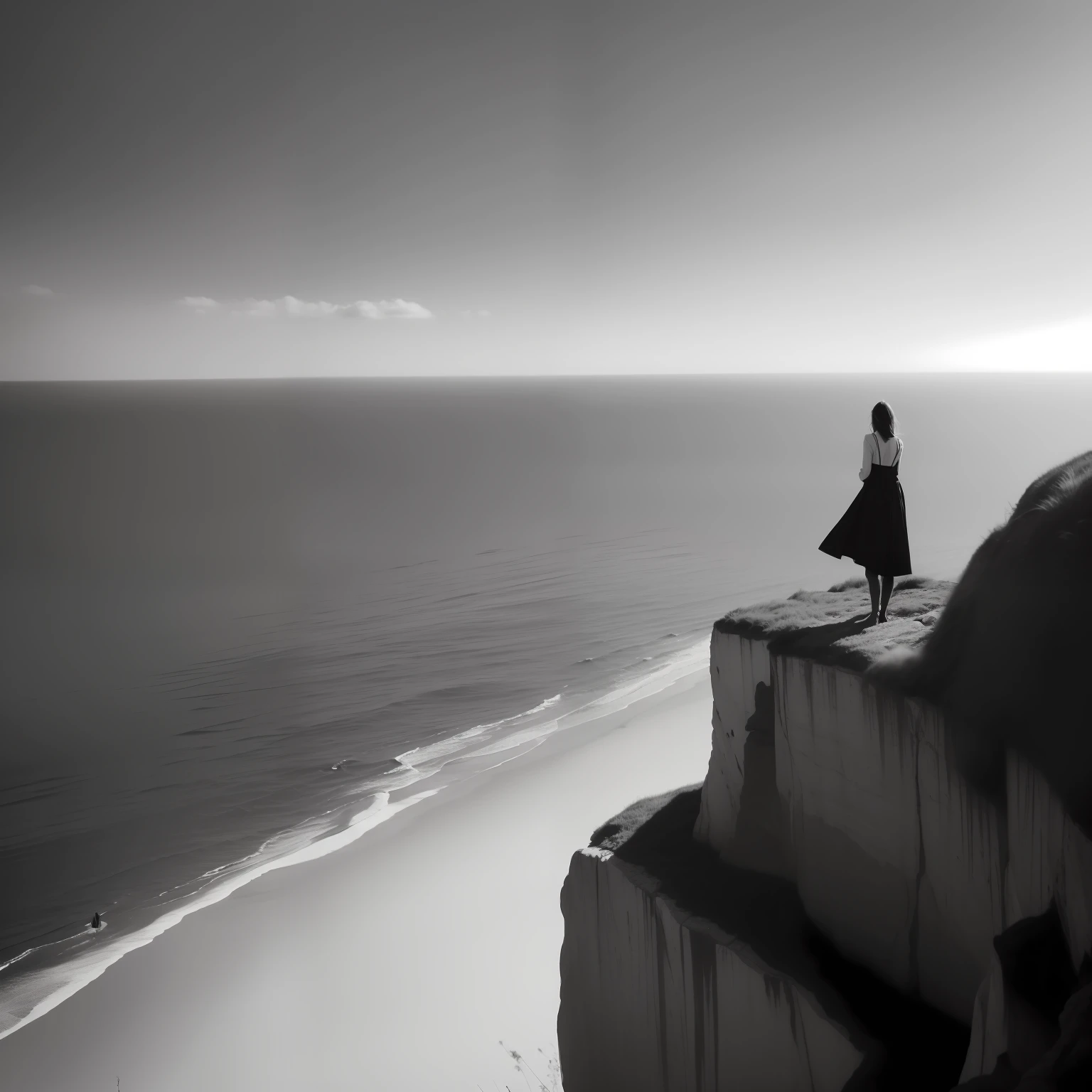there is a black and white photo of a person standing on a cliff, on a cliff, alessio albi, inspired by Sergio Larraín, over a cliff, by Carl Hoppe, by Zsolt Bodoni, beksisnski, nicolas delort, standing on the edge of a cliff, grainy monochrome photo, edge of the world