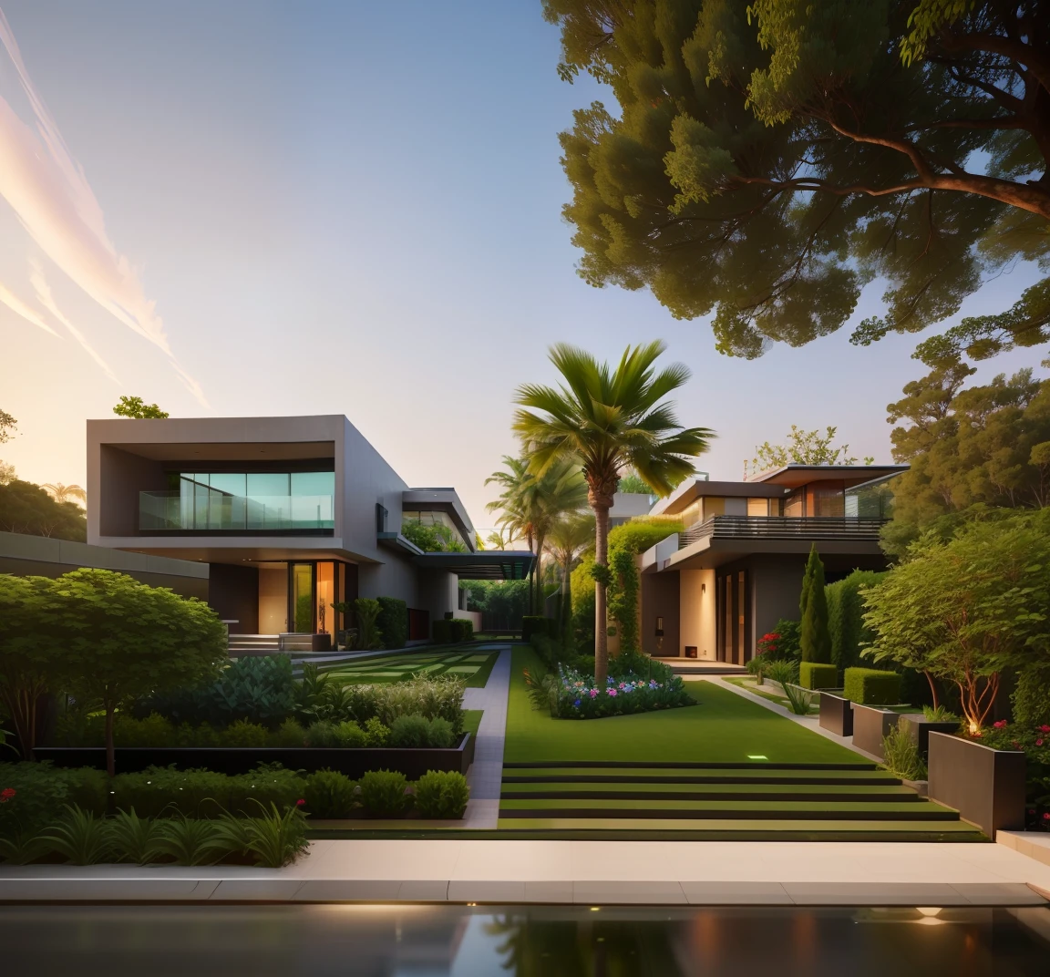 arafed modern house with a garden and a walkway, large modern residence, rich greenery, well-designed masterpiece, residential, stunning lines, dense with greenery, sleek utopian design, award winning modern design, contemporary architecture, contemporary house, beautifully symmetrical, award-winning masterpiece, modern house, very symmetrical, arhitectural shot