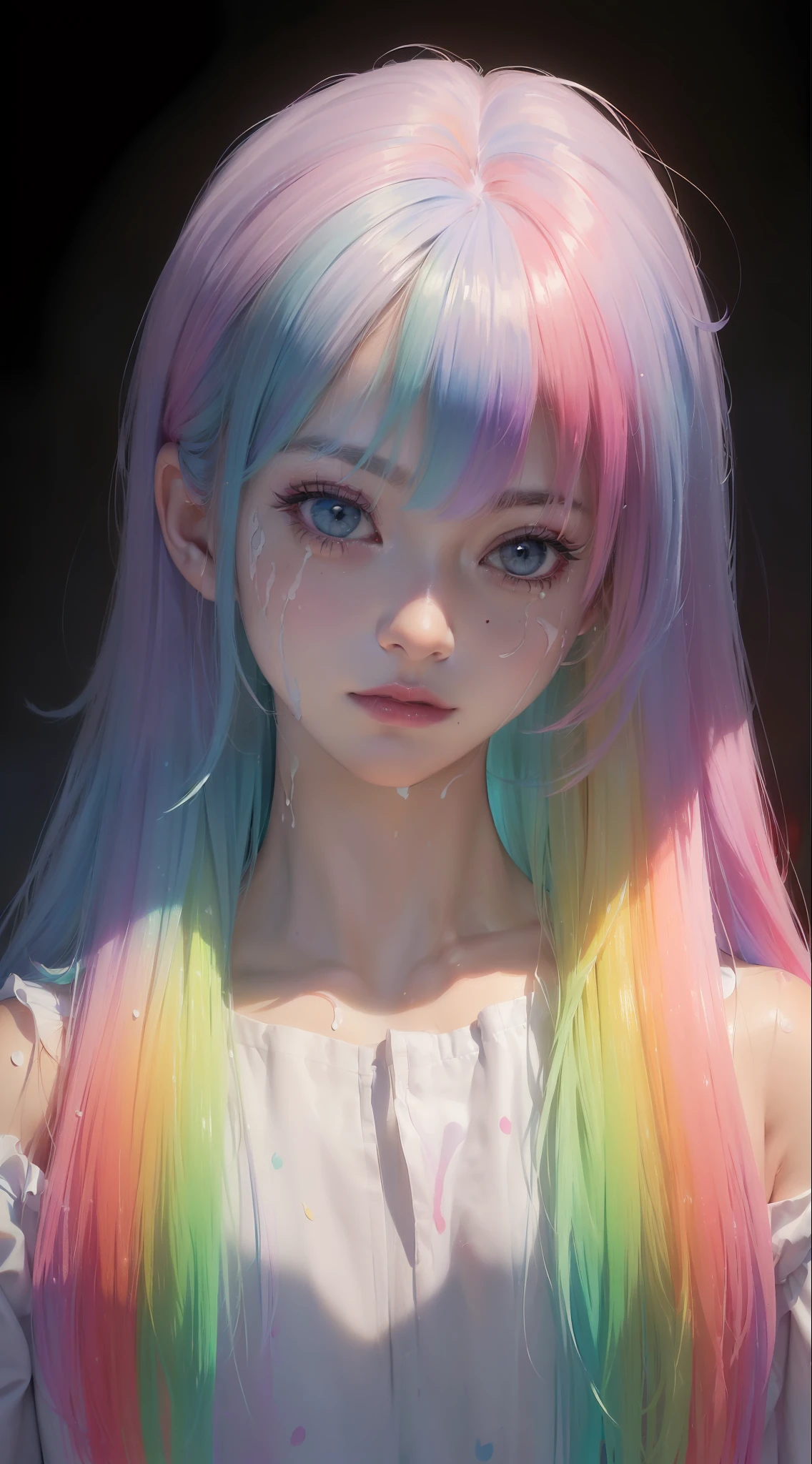(Pink Fashion T-shirt:1.9),(Colorful hair: 1.8), (all the colours of the rainbow: 1.8),(((((vertical painting:1.6))), (painting:1.6),front, comics, illustrations, paintings, large eyes, crystal clear eyes,( rainbow color gradient high ponytail:1.7), exquisite makeup, closed mouth,(Small Fresh: 1.5),(Wipe Chest: 1.6) ,long eyelashes, white off shoulder T-shirt, White Shoulder Shirt,looking at the audience, large watery eyes, (rainbow colored hair:1.6), color splash, (solo:1.8), color splash, color explosion, thick paint style, messy lines, ((shining)),(colorful), (colorful), (colorful), colorful, Thick Paint Style, (Splash) (Color Splash), Vertical Painting, Upper Body, Paint Splash, Acrylic Pigment, Gradient, Paint, Highest Image Quality, Highest Quality, Masterpiece, Solo, Depth of Field, Face Paint, colorful clothes, (Elegant: 1.2), gorgeous,long hair, wind, (Elegant: 1.3), (Petals: 1.4),(((masterpiece))),(((best quality))),((ultra-detailed)),(illustration),(dynamic angle),((floating)),(paint),((disheveled hair)),(solo),(1girl) , (((detailed anima face))),((beautiful detailed face)),collar,bare shoulders,white hair, ((colorful hair)),((streaked hair)),beautiful detailed eyes,(Gradient color eyes),(((colorful eyes))),(((colorful background))),(((high saturation))),(((surrounded by colorful splashes))),