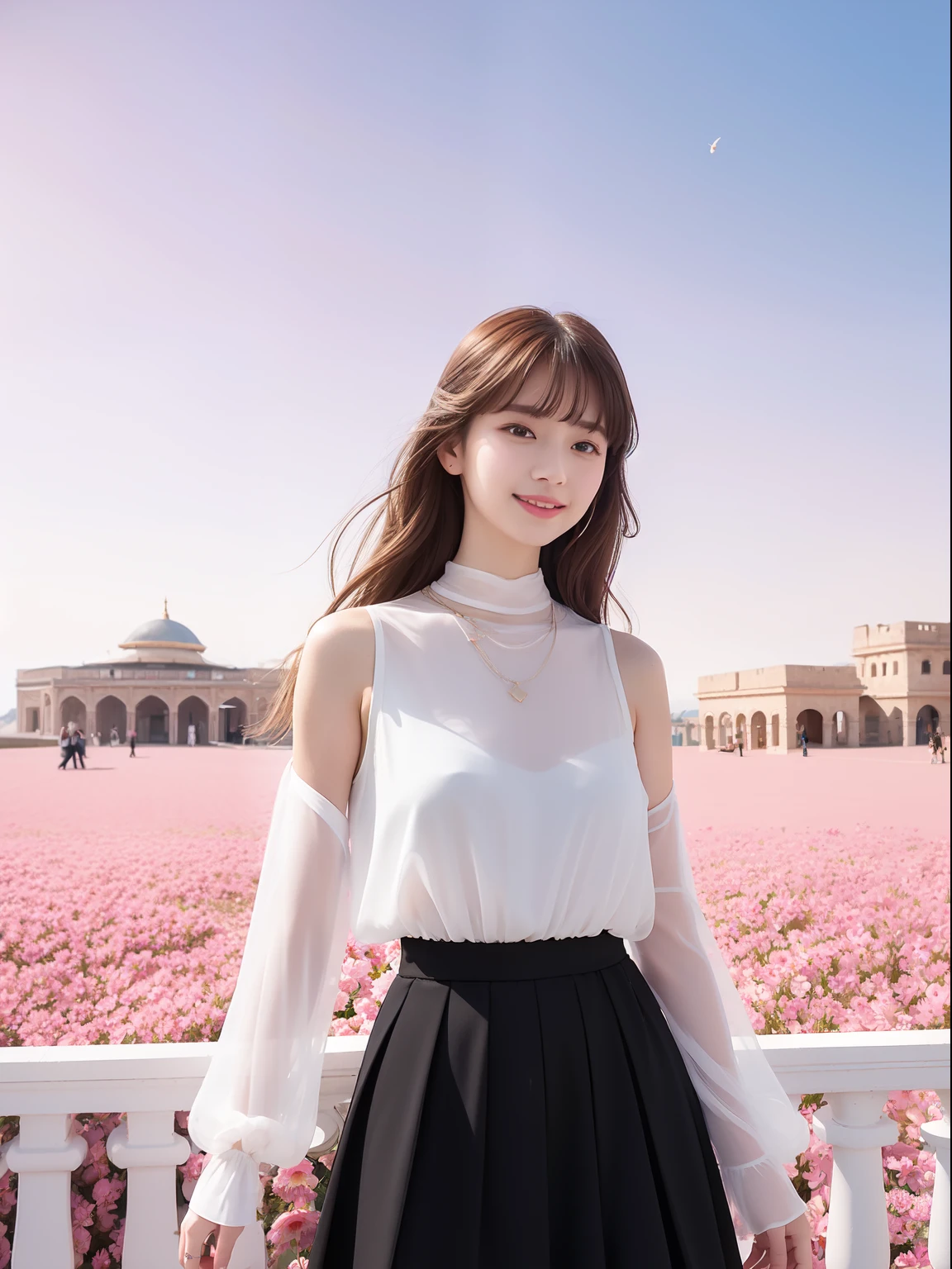 there is an ancient palace next to the girl,An extremely delicate and beautiful girl,realisticlying,unbelievable Ridiculous,abstract artistic,From hips to shoulders,Catch,Extremely detailed body,woman,年轻,20yr old,Very long hair,Floating hair,Light brown hair,two tone color hair,Beautiful fine hair,exquisite and beautiful face,light smile,Clear eyes,parted_Lips, Black colored eyes,Neck_ribbon,frilld_dress,jaket,Pink transparent skirt,Pink the bikini,Floating palace,beautiful and clear background,beautiful sky,full bloom,very precise detail,absurderes,extremely CG,