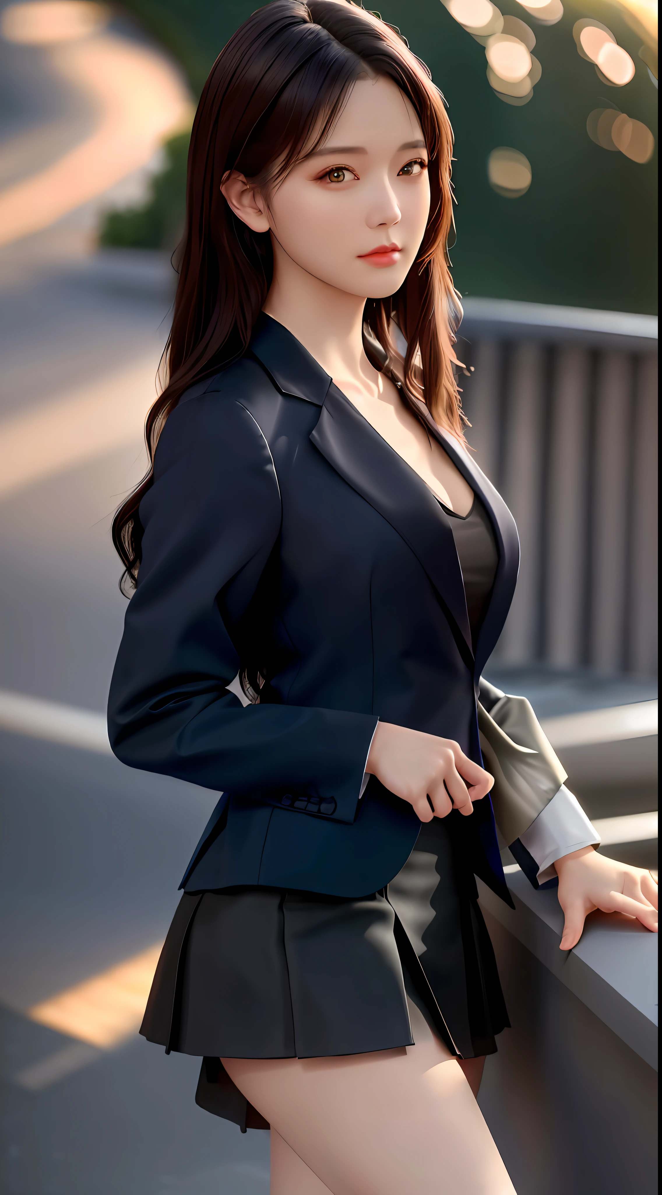 best quality, masterpiece, 1girl, Beautiful face, (photo realistic:1.3), rim lighting, (high detailed skin:1.2), 8k uhd, dslr, high quality, high resolution, 4k, 8k, Bokeh, absurdres, best ratio four finger and one thumb, (realistic:1.3), cute 1girl, wearing black formal blazer, medium breasts, short skirt,