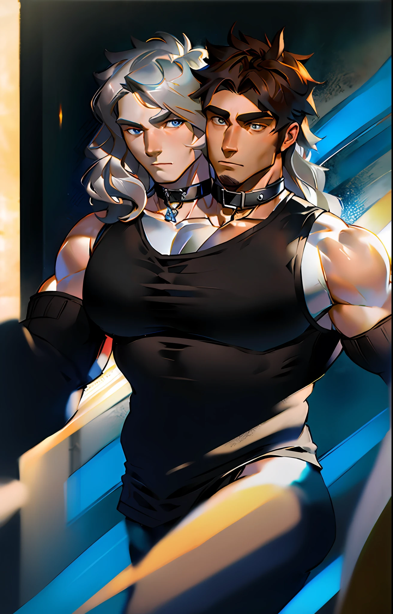 masterpiece, best quality, realistic, 1man, mature male, skinny muscular body, wide chest, broad shoulders, handsome, silver hair, angular jaw, extremely detailed eyes, relaxed lips, big arms, perfect face, black_sleeveless_shirt, long_sleeves, open chest, revealing clothes, Sunlight, Swirling wind, wavy long hair, Octane render, God_rays, black animal collar, novel illustration of, two heads, older right head, younget left head with brown hair.