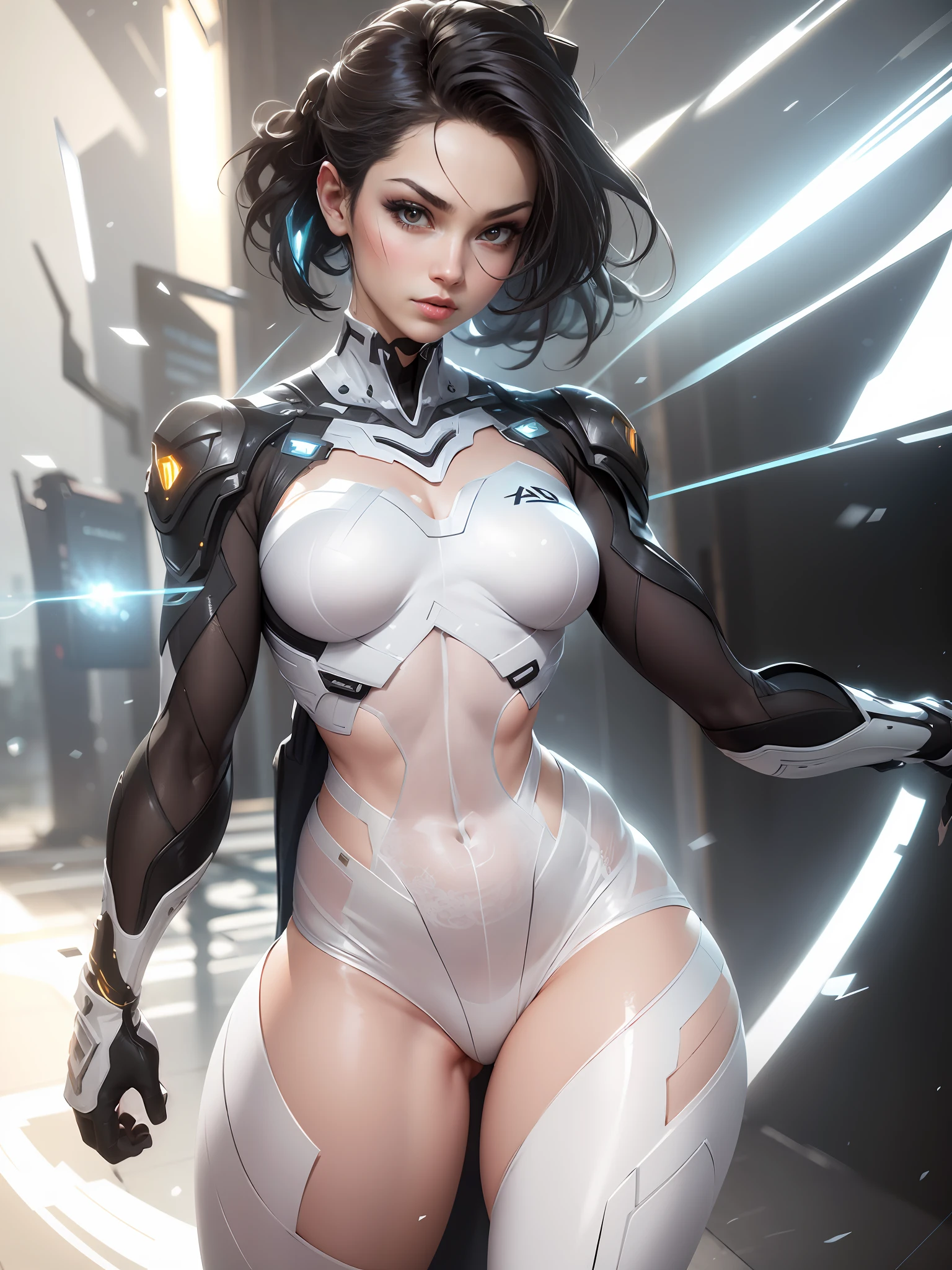 ((best qualtiy)), ((tmasterpiece)), (the detail:1.4), 3D,Front fill light Beautiful cyberpunk female figure,hdr（HighDynamicRange）,Ray traching,NVIDIA RTX,Hyper-Resolution,Unreal 5,Subsurface scattering、PBR Texture、post-proces、Anisotropy Filtering、depth of fields、maximum definition and sharpness、Many-Layer Textures、Albedo e mapas Speculares、Surface coloring、Accurate simulation of light-material interactions、perfectly proportions、rendering by octane、Two-colored light、largeaperture、Low ISO、White balance、the rule of thirds、8K raw data、Raised translucent top, Smaller top, Smaller white lace shorts, Raised, Mature feminization, Flattering eyes, White lace translucent top，Flat bare lower abdomen snow-white thigh white lace stockings