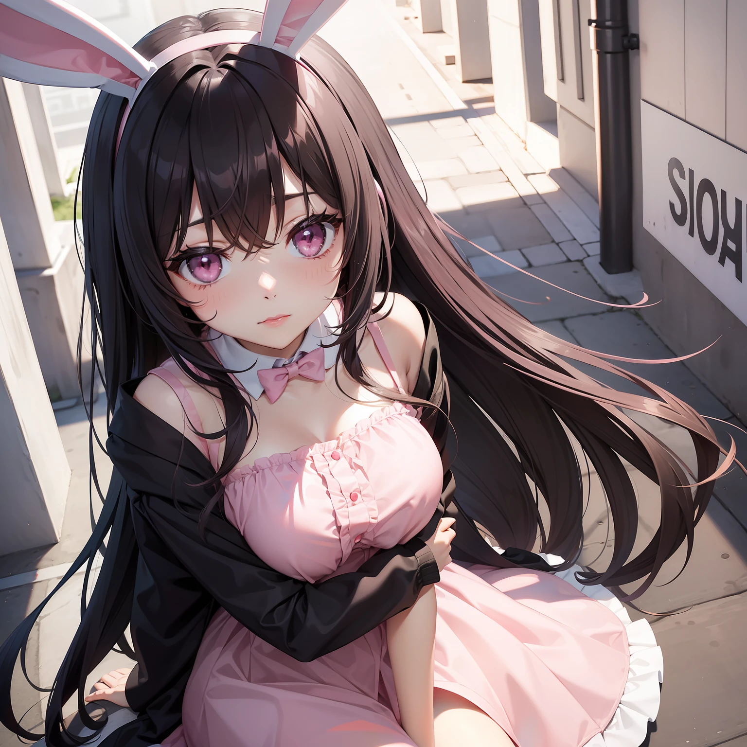 a women, pink bunny ears, black hair, pink eyes, pink dress