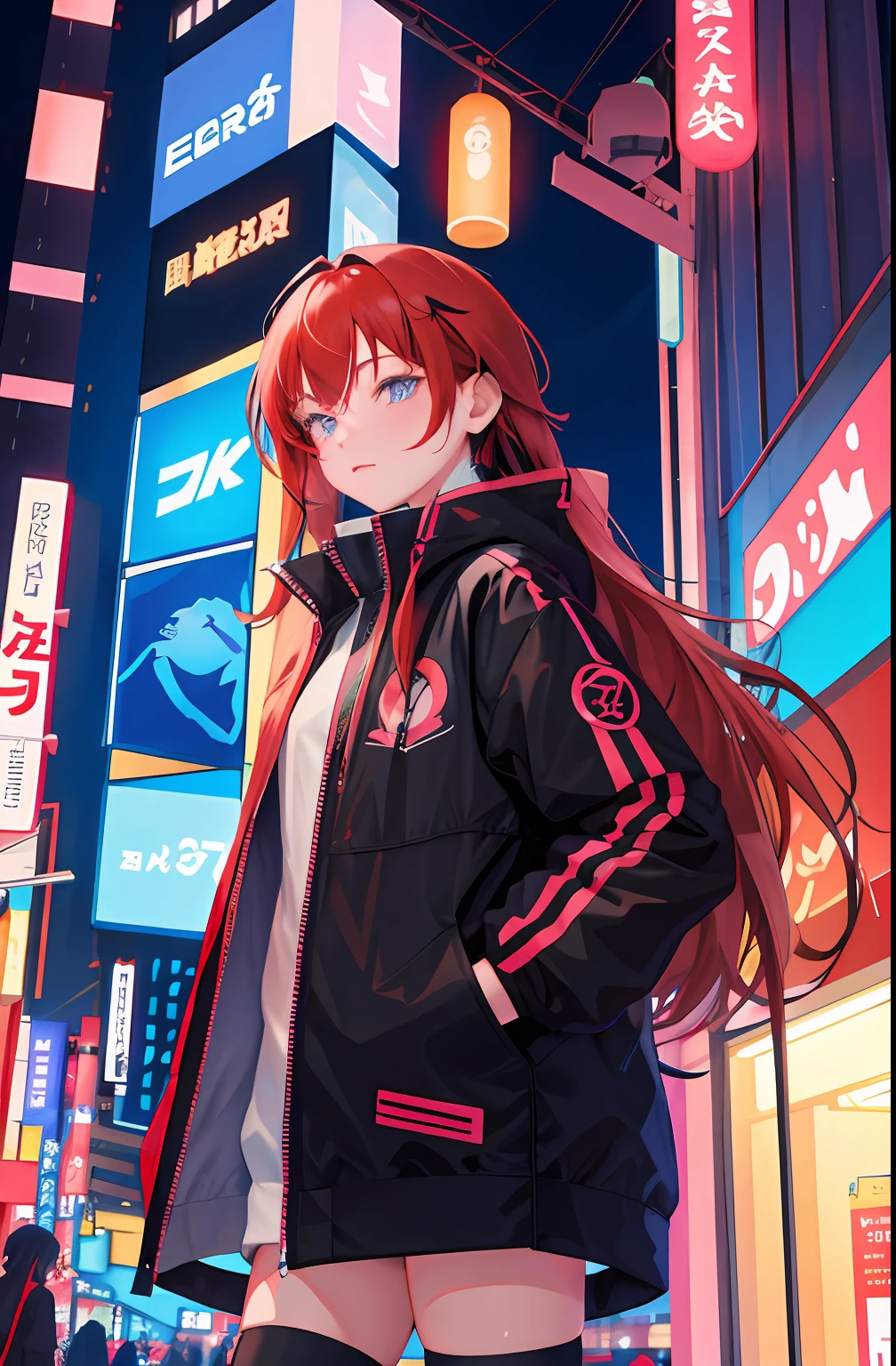 A night city with lots of neon lights in futuristic Tokyo、Girl with long hair with red hair in black coat standing。