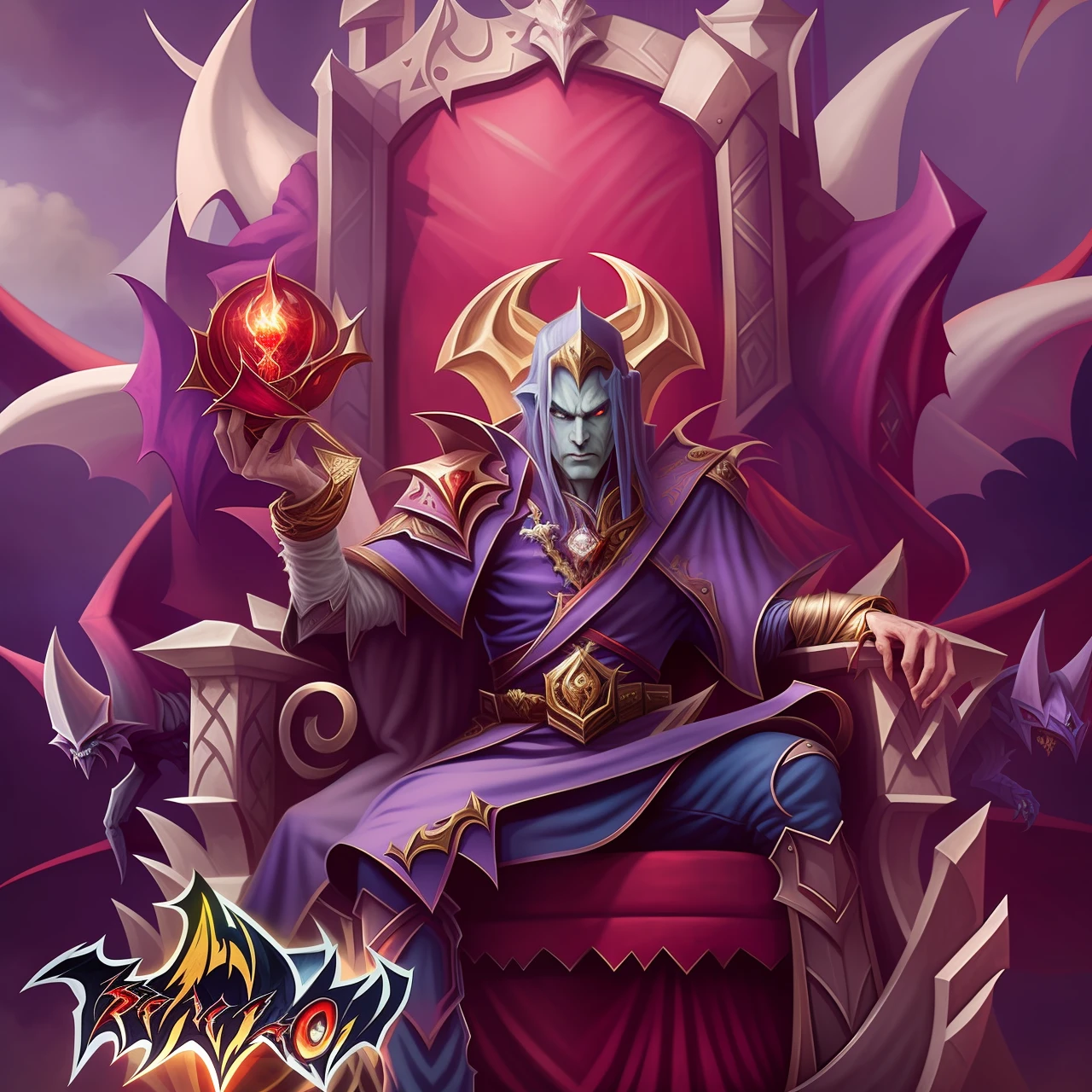 a picture of a cartoon picture of a vampire sitting on a throne, dreadlord on the throne, the former vampire king, yugioh artwork, king of night, high detailed official artwork, the wow dreadlord, yugioh art style, the king of bats, Tichondrius, ruler of the vampires, official artwork, sitting on his throne wielding a blood magic ball