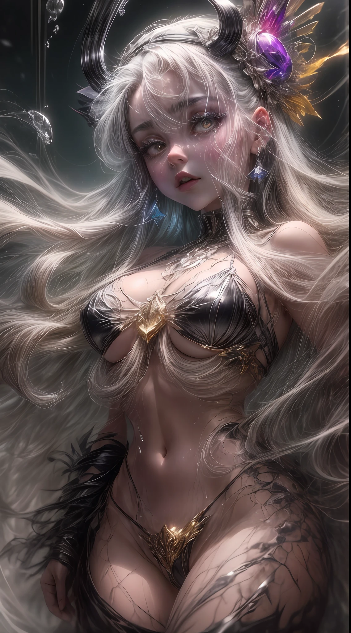 Amidst a surreal scene, a figure stands with unique and striking features. Their grey hair cascades down, glistening with moisture, forming a mesmerizing hair bikini, revealing inner hair of vivid colors. Atop their head sits a maid headdress, a nod to tradition. Strikingly contrasting the innocence, demon horns emerge, asserting a celestial and infernal connection. Their pupils are a captivating paradox, mismatched with devil pupils, displaying both light and darkness. As god rays illuminate the silhouette from the side, an enigmatic presence is unveiled, one that seems to transcend both mortal and ethereal realms.