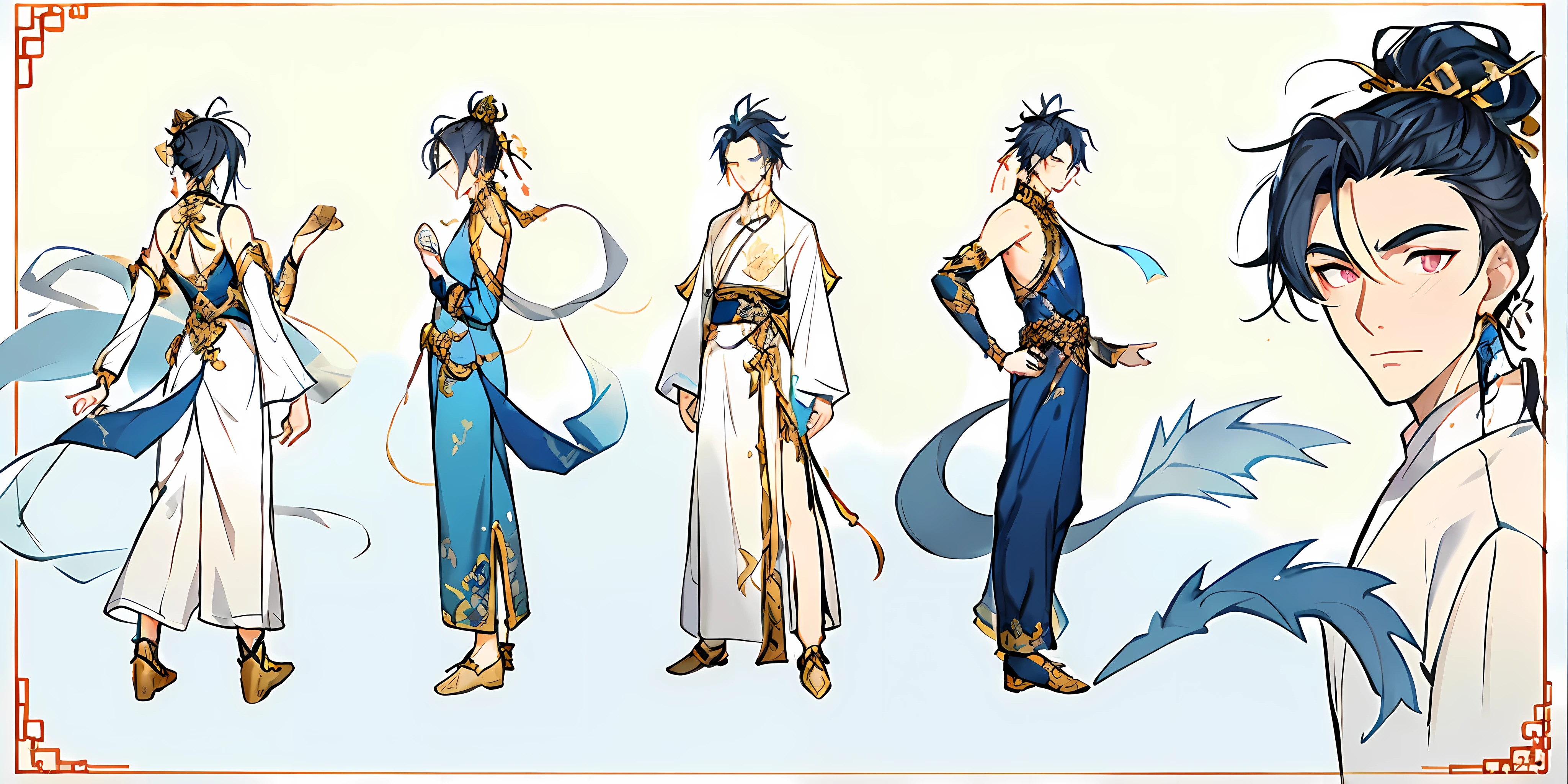 masterpiece,best quality,Ancient Chinese style, 1boy,A boy with gray and blue hair, braided hairstyle, golden pupils, dragon horns on her head, bare shoulders, and wearing cloth shoes with gold edges, Chinese Tang Dynasty costume,including front view, side view and back view,Concept art of character design