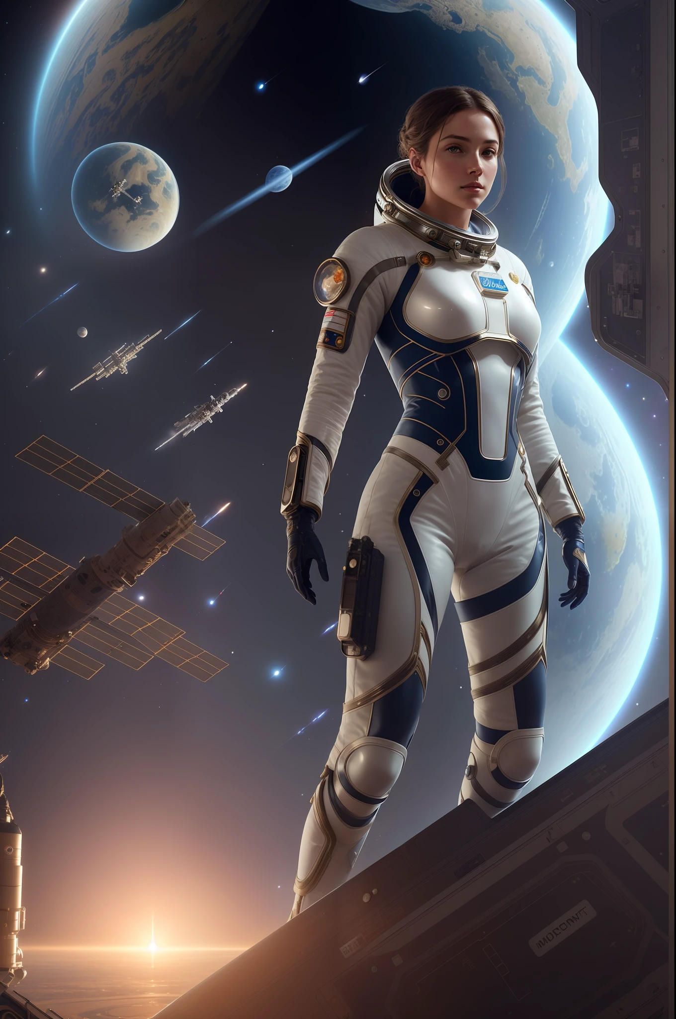 the perfect human model astronaut woman posing at the space station, accurate details, detailed face, fantasy, dramatic, intricate, elegant, highly detailed, digital painting, artstation, concept art, smooth, sharp focus, illustration, art by gustave dore, octane render, 4k