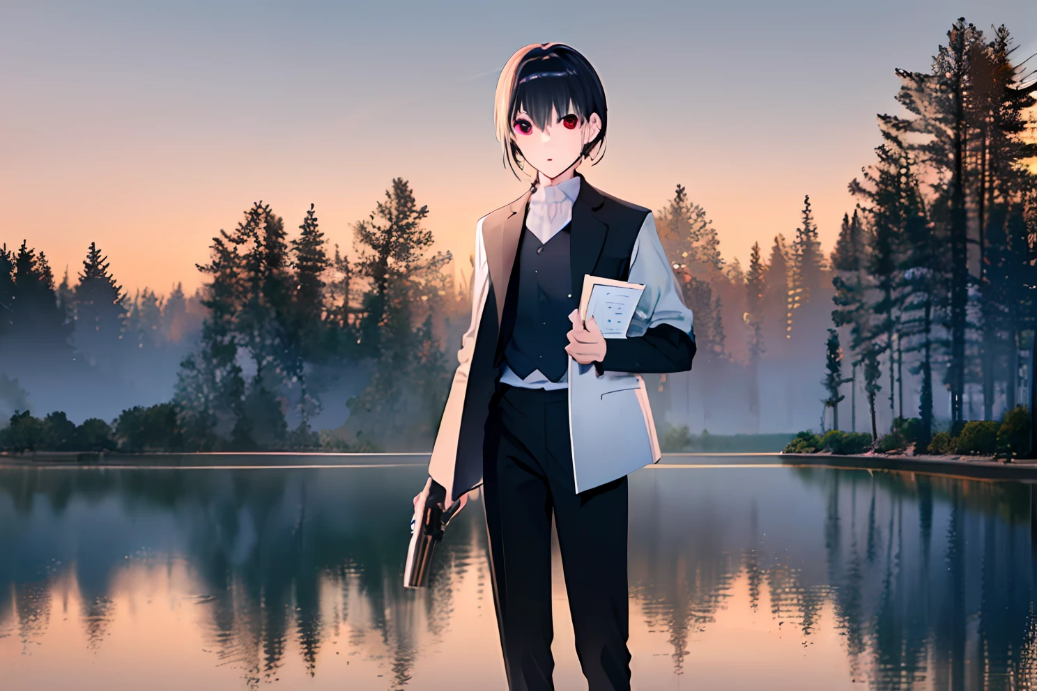 ((Primary work)), ((melhor qualidade)), High, ((((Format of an Illustration of a book)))), (((((He has a Caliber 38 Special revolver in his right hand, holding it correctly to shoot)))))), (((A boy with short black hair and red eyes))), ((( (There is only one person)))), Kiyotaka Ayanokuji, ((((adolescente de 15 anos)))), (((men's school uniform white shirt black jacket open jacket long black pants))), ((Olhos vermelhos))), (((((cabelo preto curto))))))), ((corpo inteiro anatomicamente correto)), pernas normais, ((usa sapatos pretos)), ((He has a scared face and confusion)), ((Detailed full scenario)), ((mystery)), ((horror)), ((Tempo tenso)), Postura equilibrada, blush sutil | | | | | | | | | | | | | | |, Pingente de cristal BREAK golden hour, (Rim lighting): 1.2, tons quentes, Brilho solar, sombras suaves, cores vibrantes, painterly effect, dreamy atmosphere BREAK scenic lake, montanhas distantes, salgueiro, calm water, reflection, nuvens iluminadas pelo sol, Tranquil setting, idyllic sunset, Ultra Detalhado, Arte Oficial, Unity 8k papel de parede, Zentangle, mandala