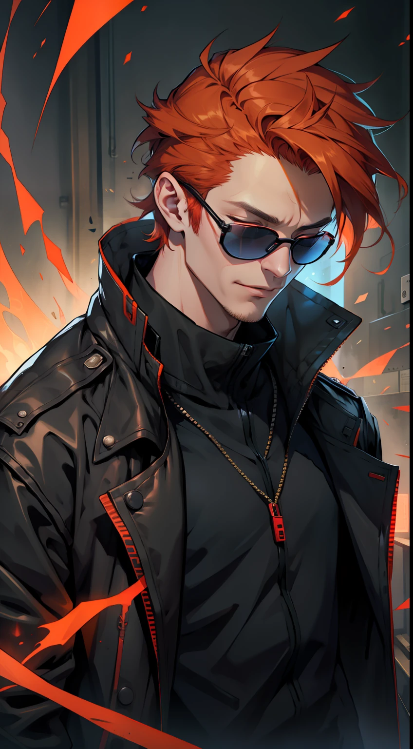 a blind guy emanating a red aura wearing a black jacket and sunglasses with short orange hair closed eyes, mature man