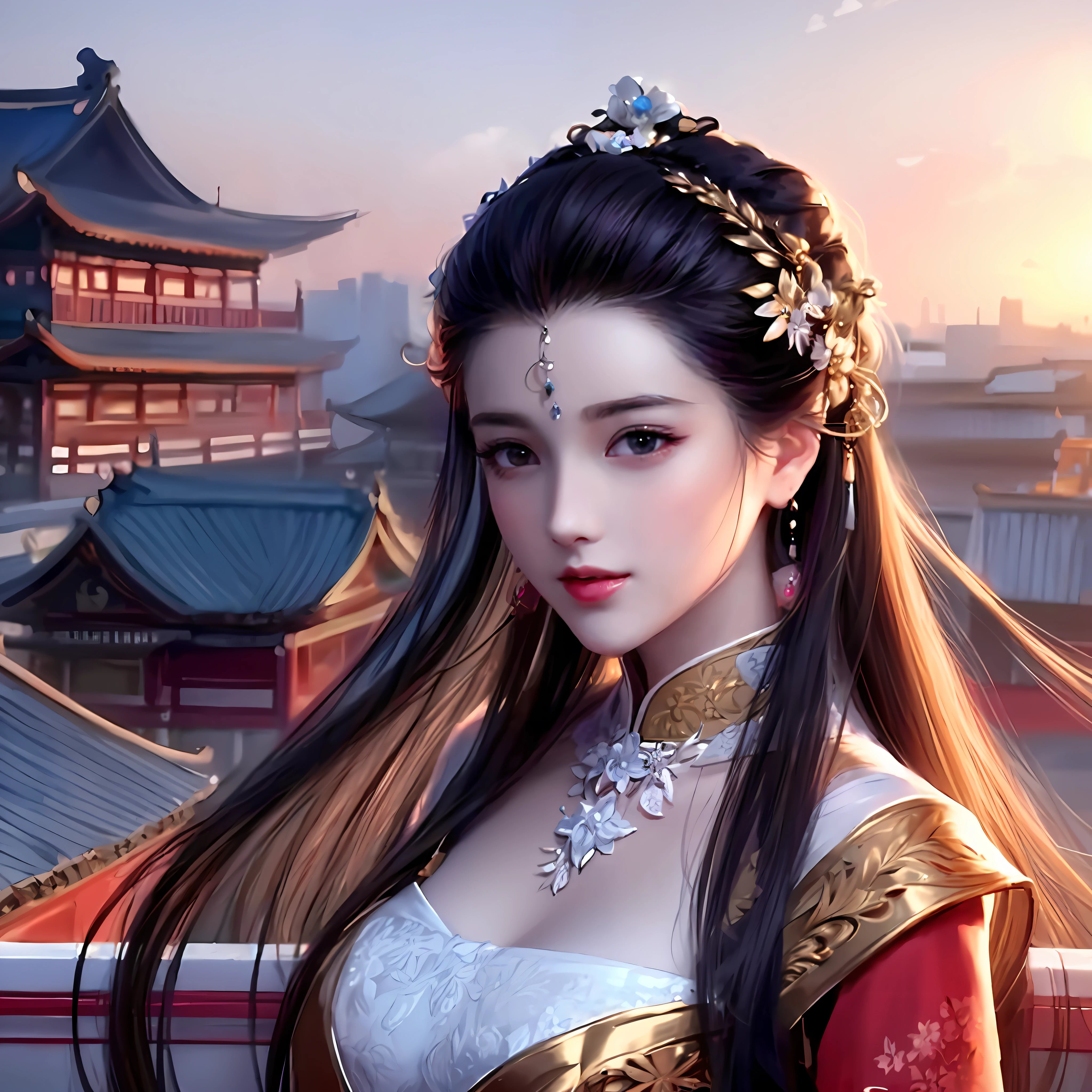 Best quality, masterpiece, high resolution, 1girl, porcelain, beautiful face, hair accessories, looking at the audience, smile, close mouth, lips, porcelain, dresses, hair accessories, necklaces, jewelry, long hair, earrings, hanfu