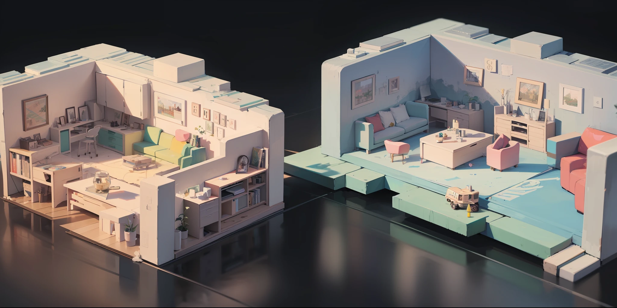 (Cut open the cute isometric little living room in the box, soft smooth lighting, pastelcolor:1.45), Purple and blue color scheme, pastelcolor, 100mm lens, 3D blender rendering,Colorful interior gorgeous modern bedroom decoration design,Barrot and Chinese cultural style,Landscape ink style furniture,Color interior gorgeous retro study decoration design,The style of Chinese culture,Landscape color ink style furniture,A variety of exquisite ornaments,Embroidered decoration, Openwork art,A variety of exquisite accessories,Embroidered decoration,Sunlight.Perfect symmetry,Large depth of field,concept-art,Photography.
