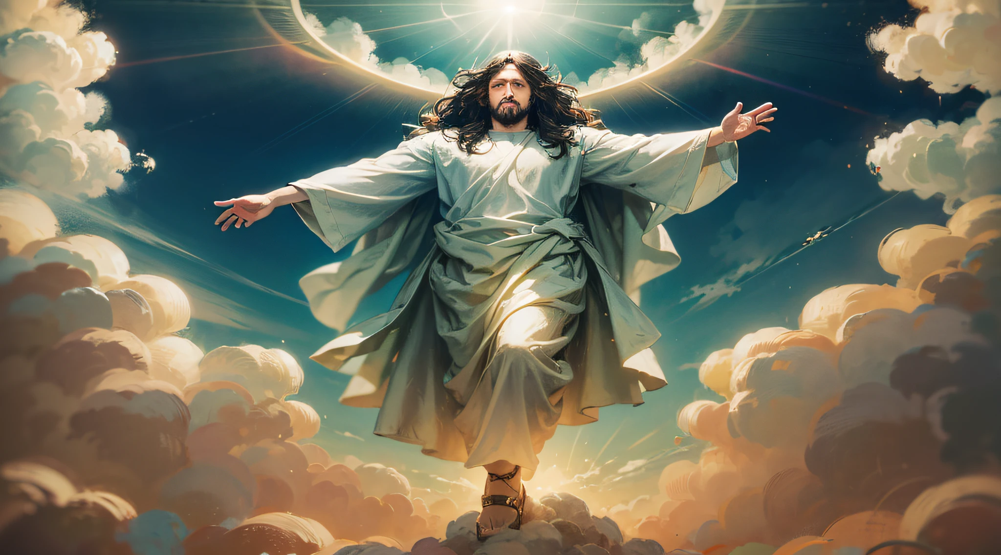 Jesus floating in the air on top of clouds with a light shining brightly on his face