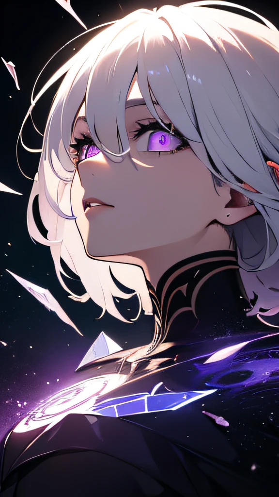 (masterpiece, best quality, ultra-detailed, best shadow), (detailed background,dark fantasy), (beautiful detailed face), high contrast, (best illumination, an extremely delicate and beautiful), ((cinematic light)), colorful, hyper detail, dramatic light, intricate details, (1girl, solo,white hair, sharp face,purple eyes, hair between eyes,dynamic angle), blood splatter, swirling black light around the character, depth of field,black light particles,(broken glass),magic circle,