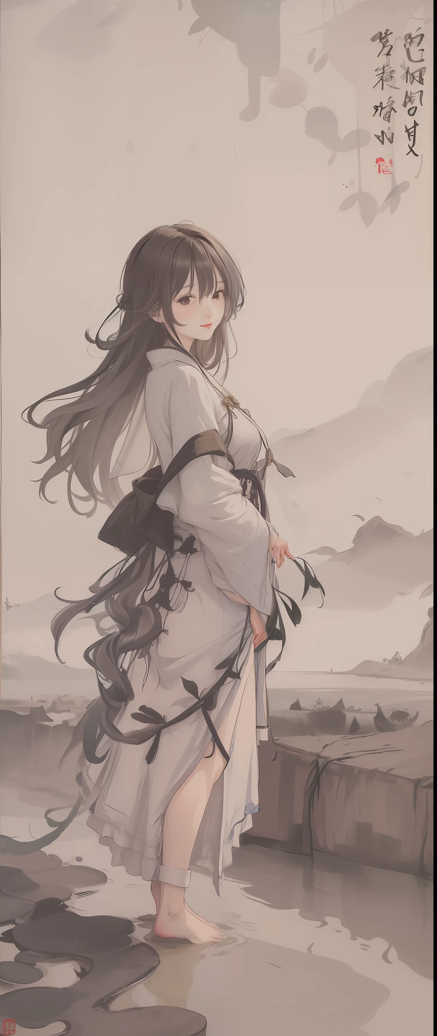 ((4k,masterpiece,best quality)), shuimobysim, traditional chinese ink painting, lotus, hanfu, maxiskit, dress conservatively 1girl, solo, long blue hair, smile, standing, feet in the water, barefoot,