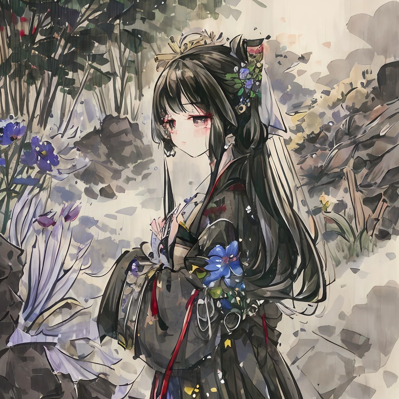 「Black-haired beauty who feels arrogant、Tears in the flower garden of delphiniums at night。」Japanese dress