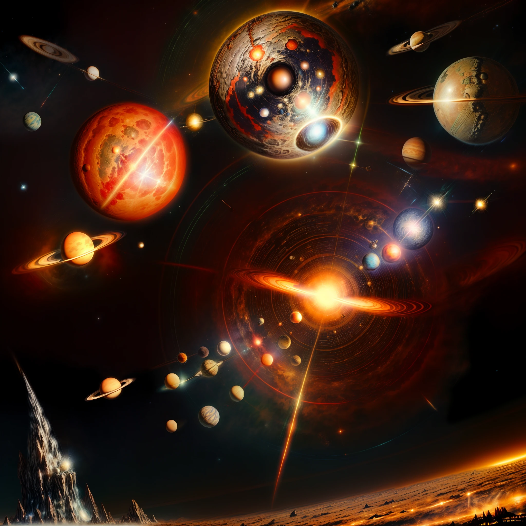 there are many planets in the sky with a star burst, planets colliding, exploding planet in background, meteors falling, two planets colliding, planets crashing, apocalyptic event, cosmic destruction, planet earth exploding, meteors are falling from the sky, apocalyptic spherical explosion, cosmic cataclysm, celestial collision, cosmic apocalypse, the destruction of the universe