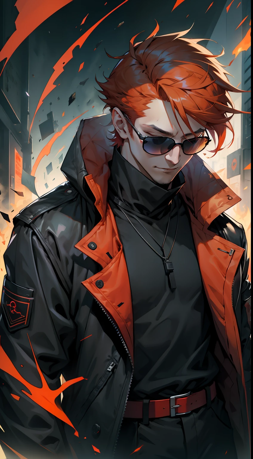 a blind guy emanating a red aura wearing a black jacket and sunglasses with short orange hair closed eyes, mature man