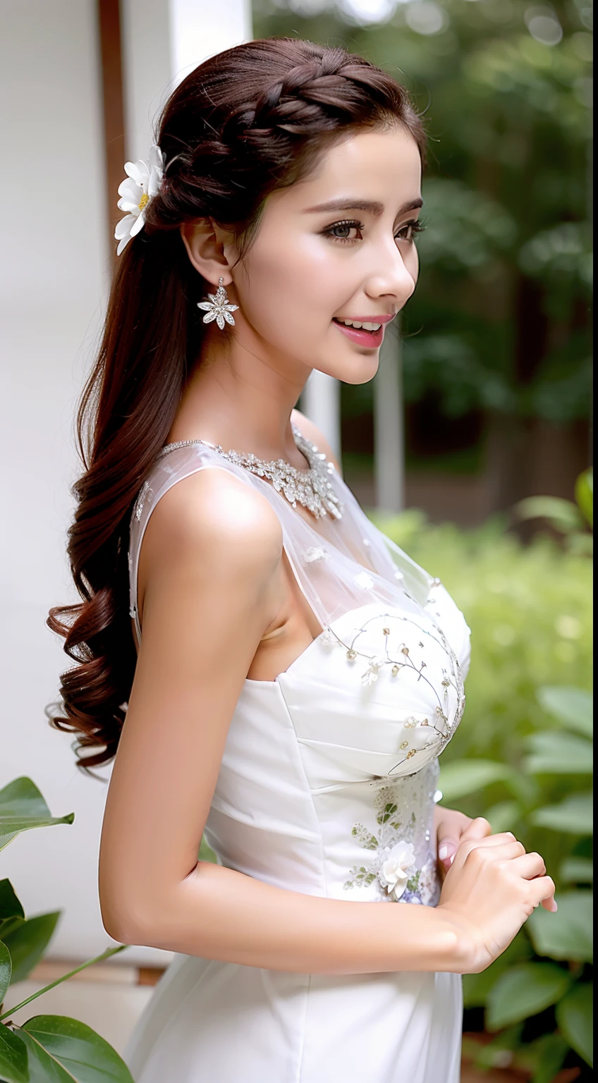 Fashion model 18 years old [[[[closeup cleavage]]]], [[[[boobgasm]]]], [[[[coll]]]], [[[[bshoulders]]]], perfect  eyes, Perfect iris，Perfect lips，perfect teeth，Perfect skin，Long face，slender nose，Soft front light，hdr，Movie girl，Red cheongsam，Green cheongsam，White cheongsam，long whitr hair，Long hair with a shawl，Long hair like a waterfall，Green trees and flowers in the background，（pastel colour：1.2）