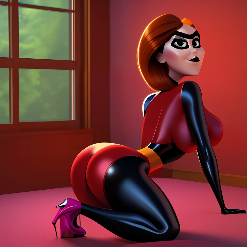 The Incredibles Elastigirl, bimbo, perfect body, latex, perfect body and face, showing ass, bedroom, perfect round breasts, fake round breasts, platform boots, latex, slutty