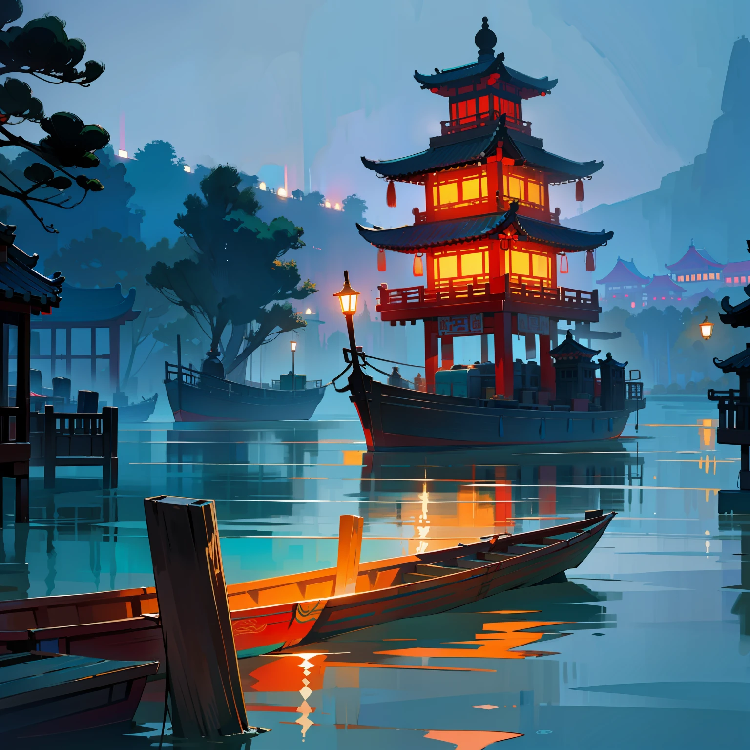 springtime,Turquoise lake,Boats with colorful decorations,A light drizzle,a sense of atmosphere,China-style,vibrant with colors,Highest image quality