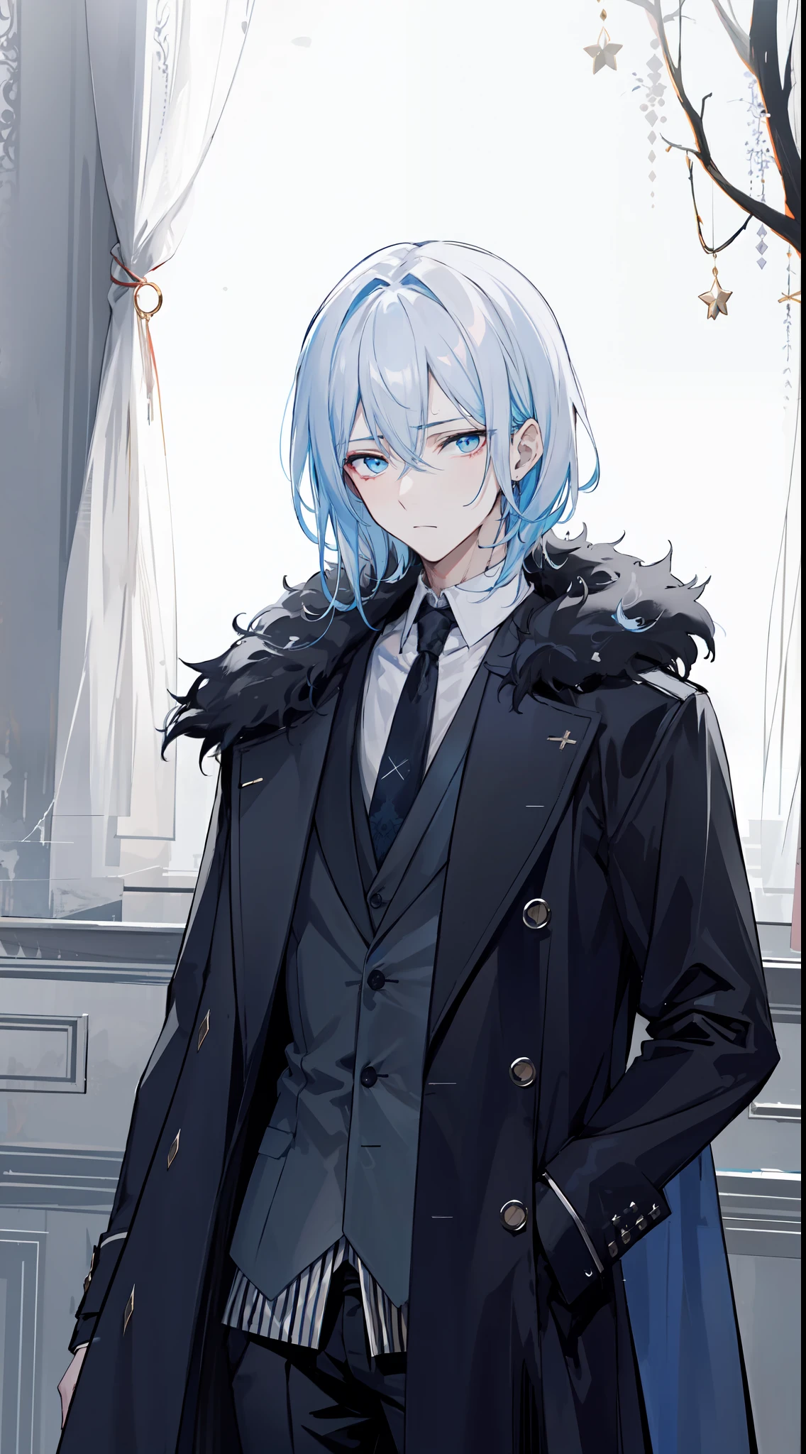 "4k night ruin, dark atmosphere, there's a man, with white colour hair, glow blue eyes, wears elegant black coat, he looks depressed with black lines in his eyes."