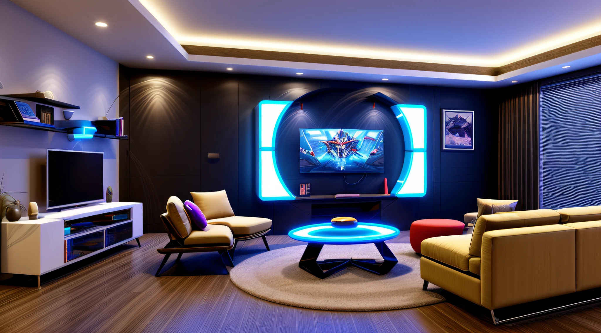 A modern living room design in a futuristic setting, characterized by sleek and glossy surfaces, high-tech gadgets, and holographic displays, a panoramic view of a bustling metropolis through floor-to-ceiling glass walls, hovering furniture with levitation technology, neon lights casting a vibrant glow, a virtual reality gaming station with motion sensors, an AI-powered personal assistant in the form of a floating orb, 3D art, created using advanced rendering software