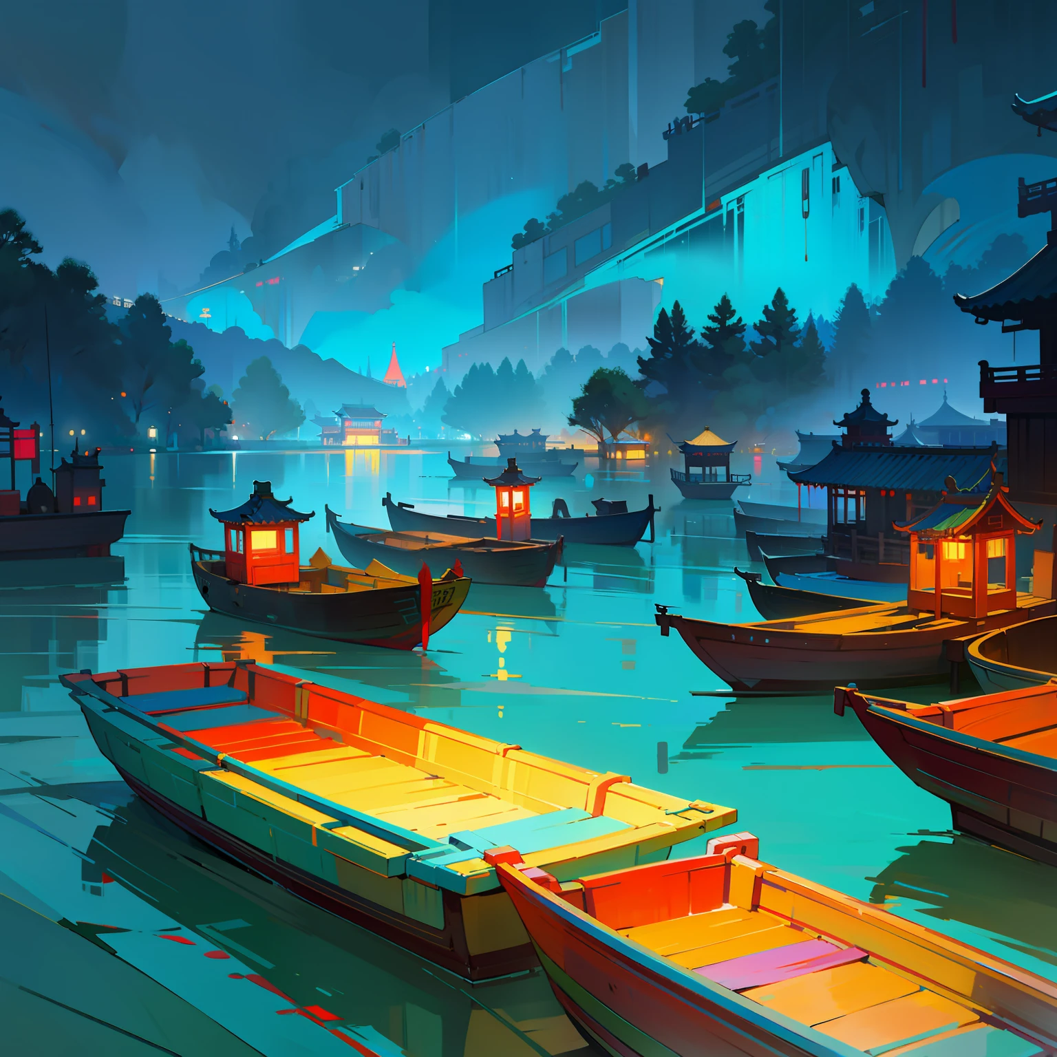 springtime,Turquoise lake,Boats with colorful decorations,A light drizzle,a sense of atmosphere,China-style,vibrant with colors,Highest image quality