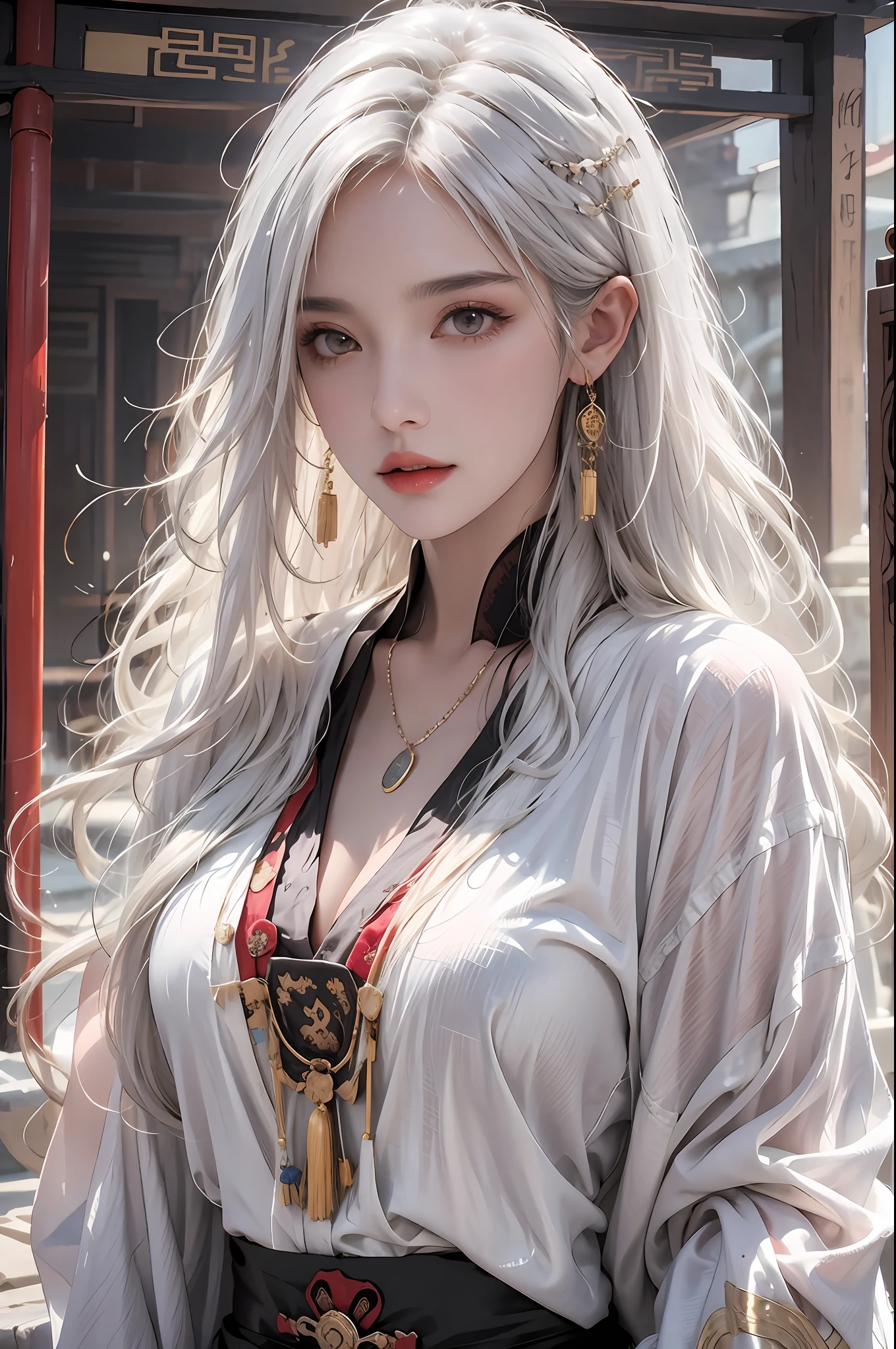 photorealistic, high resolution, soft lights, 1women, solo, hips up, look at viewer, (detailed face), white hair, long hair, colorful Taoist robe,oversized clothes, midjourney portrait, jewelry