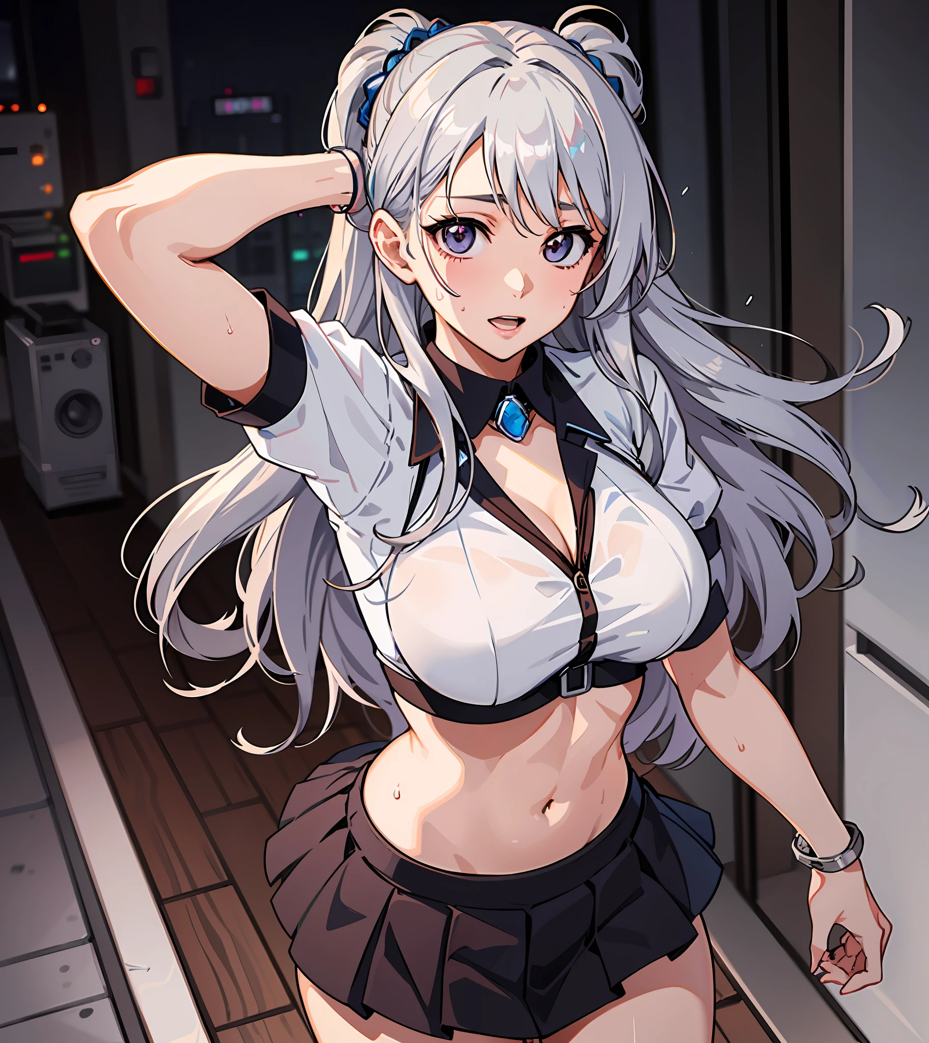 ((((Representative work 3.0、top-quality、Wearing a collar 3.0、Idol Costume 4.0、poneyTail、Live venue background 3.0、Performance 4.0、Skirt、colorful outfit、abdominals、Split abs、de pele branca、Silver hair 3.0、dynamic pose1.5、large full breasts、Wearing sweat、ssmile、Silver hair、))))、Long body、(((((long legged))))),Whole human body、(((Shyness)))、Realistic skin type、an anime girl、Detailed Digital Anime Art、A seductive anime girl、extremely detailed art germ、a hyperrealistic schoolgirl、Ilyakukvshinov、Smooth Anime CG Art、Ultra Realistic Woman、ig model、ArtGerm、Photorealistic anime girl rendering、digital anime art