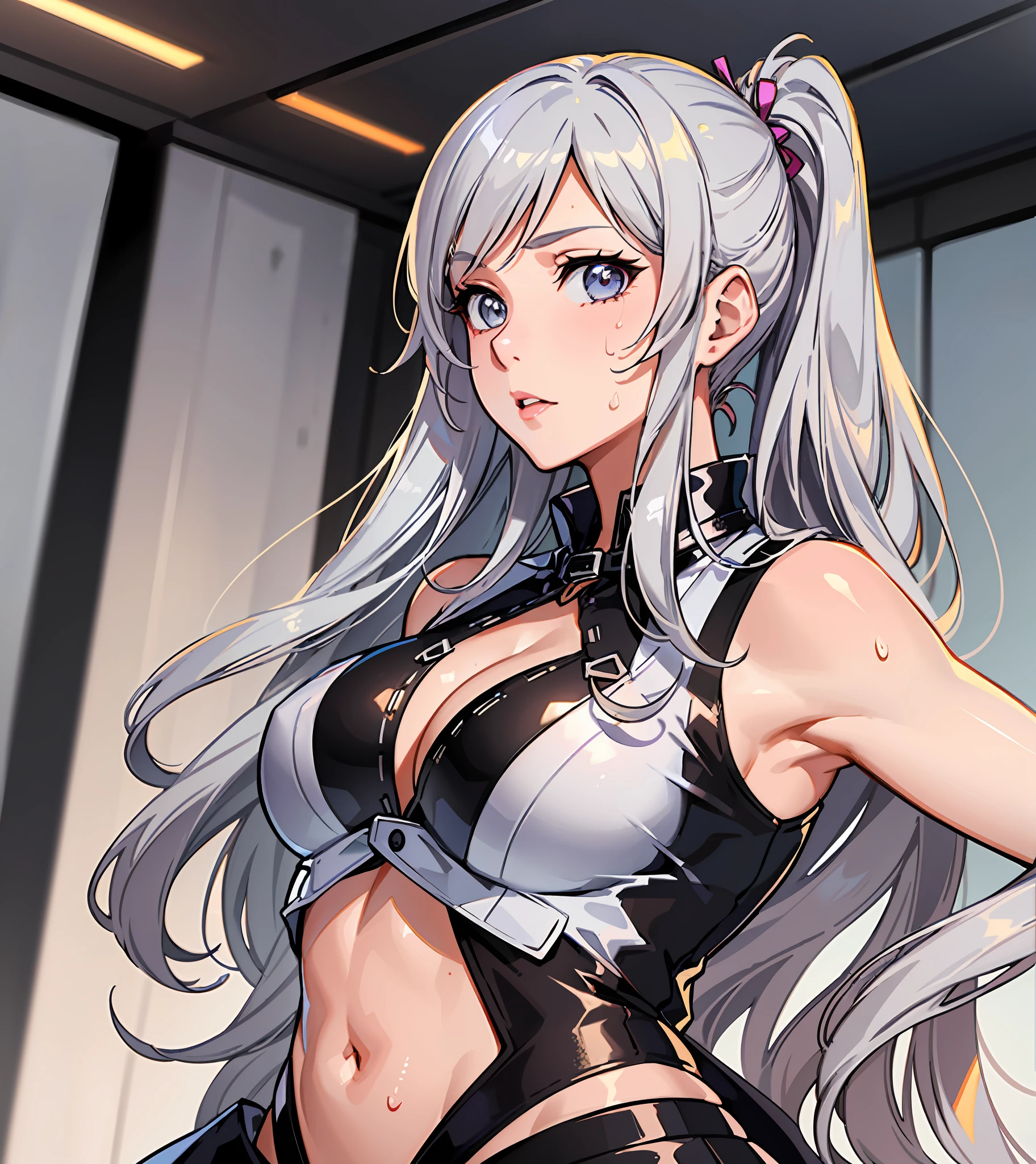 ((((Representative work 3.0、top-quality、Wearing a collar 3.0、Idol Costume 4.0、poneyTail、Live venue background 3.0、Performance 4.0、Skirt、colorful outfit、abdominals、Split abs、de pele branca、Silver hair 3.0、dynamic pose1.5、large full breasts、Wearing sweat、ssmile、Silver hair、))))、Long body、(((((long legged))))),Whole human body、(((Shyness)))、Realistic skin type、an anime girl、Detailed Digital Anime Art、A seductive anime girl、extremely detailed art germ、a hyperrealistic schoolgirl、Ilyakukvshinov、Smooth Anime CG Art、Ultra Realistic Woman、ig model、ArtGerm、Photorealistic anime girl rendering、digital anime art