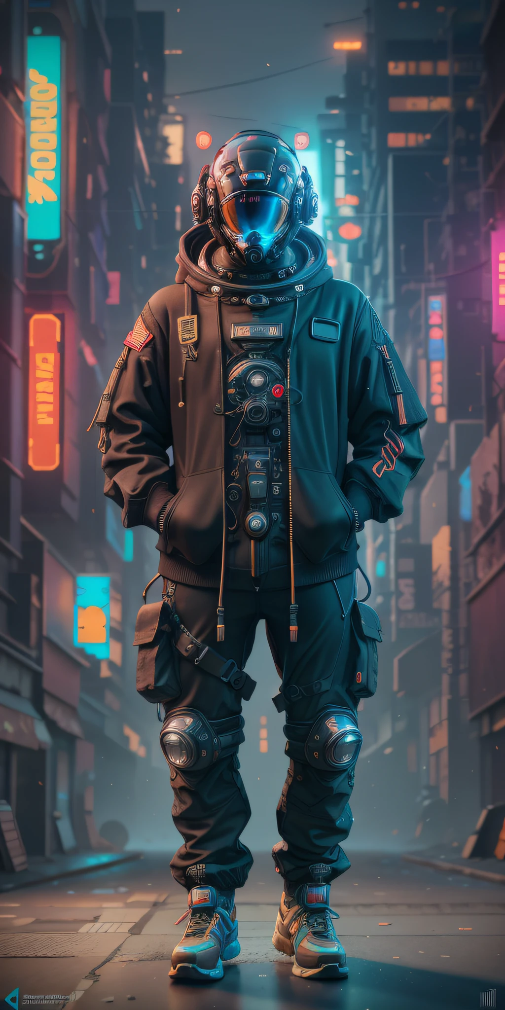 (masterpiece, full body shot, intricate raw photography) Cyberpunk citizen, comfortable oversize black hoodie, black cargo pants, black clothes, dark, wearing a black helmet hitech style Astronaut, intricate, futuristic, advanced technology, dark environment, dramatic, light and shadow, cinematic, action movie, sharpness, random relaxed position, Cyberpunk City, street lights, dark street, night, Insta photo, photo of the year, octane render, substance, Maya 3D, cinema4D, ArtStation Trending, Devian Art Trend,