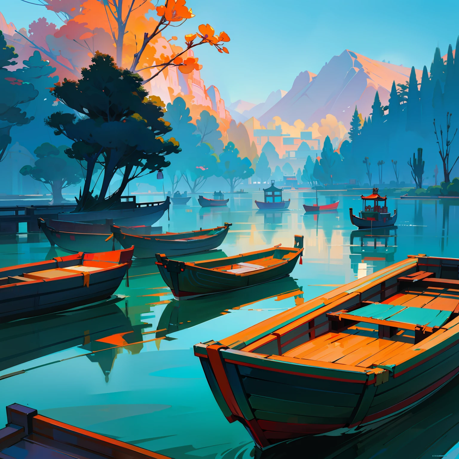 springtime，In the daytime，Turquoise lake，Decorated with colorful boats，drizzle，a sense of atmosphere，China-style，vibrant with colors，Highest image quality