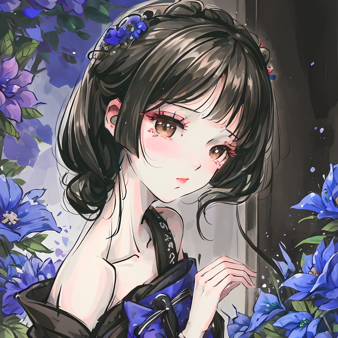 「Black-haired beauty who feels arrogant、Tears in the flower garden of delphiniums at night。」Japanese dress