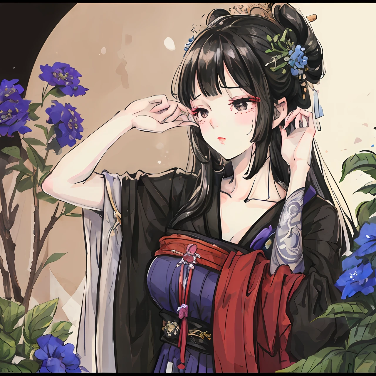 「Black-haired beauty who feels arrogant、Tears in the flower garden of delphiniums at night。」Japanese dress