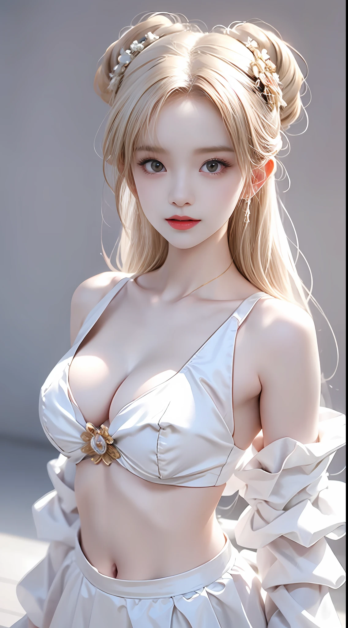 Tofu Shih Tzu，pale milky white porcelain skin, Smooth translucent white skin, small thighs，Small waist，Small hips，cropped shoulders，Nice collarbone，ultra-realistic realism，big breasts exposed cleavage