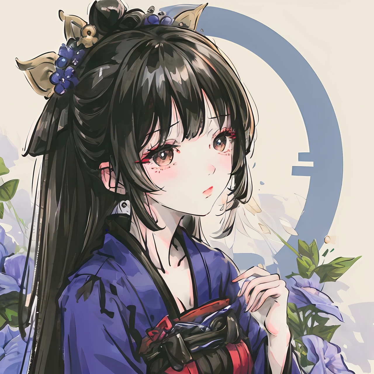 「Black-haired beauty who feels arrogant、Tears in the flower garden of delphiniums at night。」Japanese dress