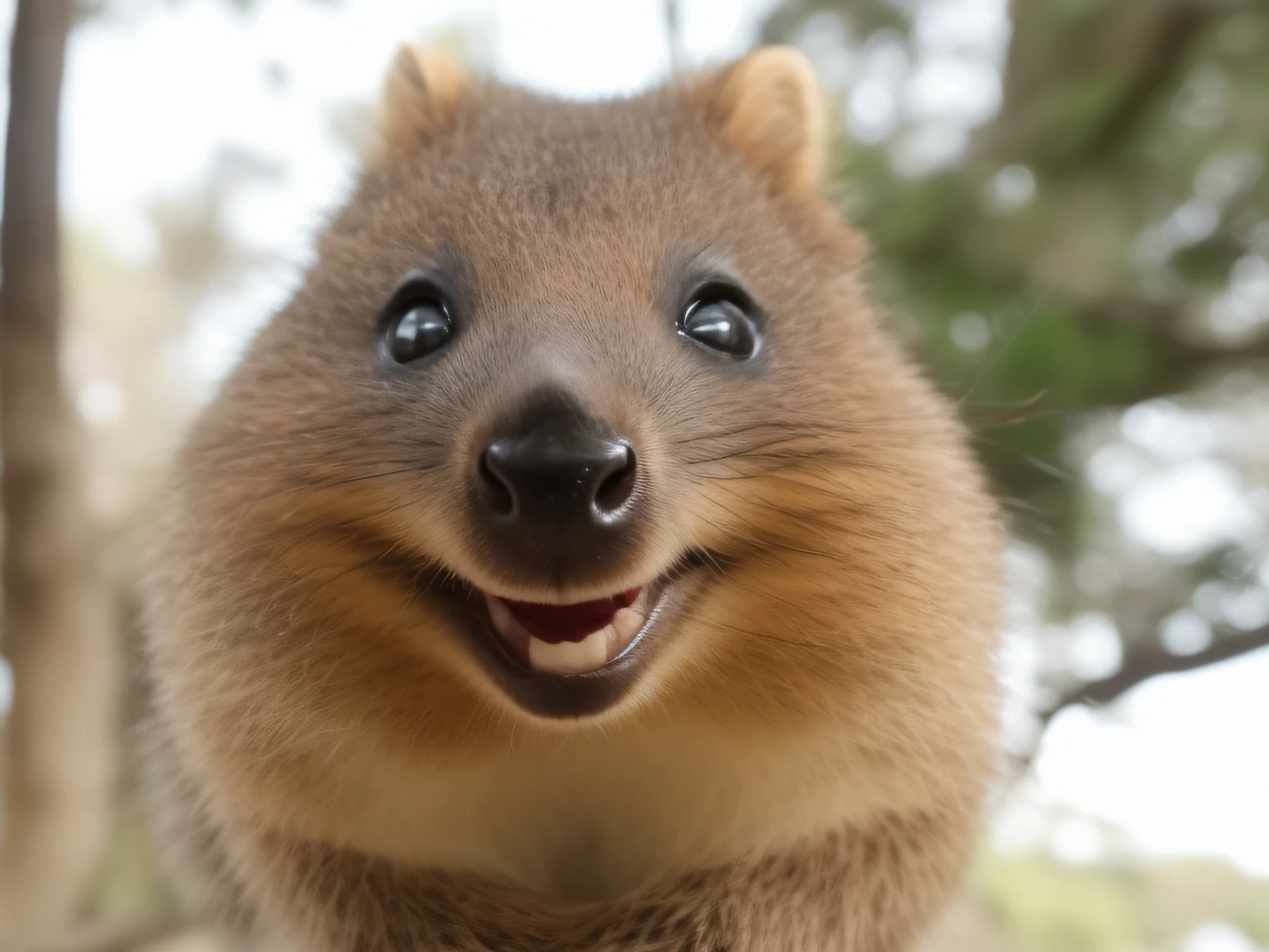 There is a small animal that is smiling and looking at the camera, Retrato de um Quokka Feliz, Quokka, happily smiling at the camera, with a happy expression, sorrindo lascivamente, A criatura mais fofa do mundo, large eyes and menacing smile, smiling at camera, smiling at camera, ridiculous smile, muito bobo olhando