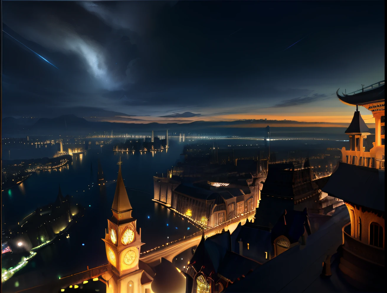 Night view of the city with clock tower and lake, very detailed citycape at night, stunning matte painting, amazing exquisite matte painting, extravagant matte painting, beautiful mattepainting, beautiful matte painting, realistic matte painting, vfx powers at night in the city, Majestic matte painting, epic cinematic matte painting, A beautiful matte painting, Crazy meticulous matte painting