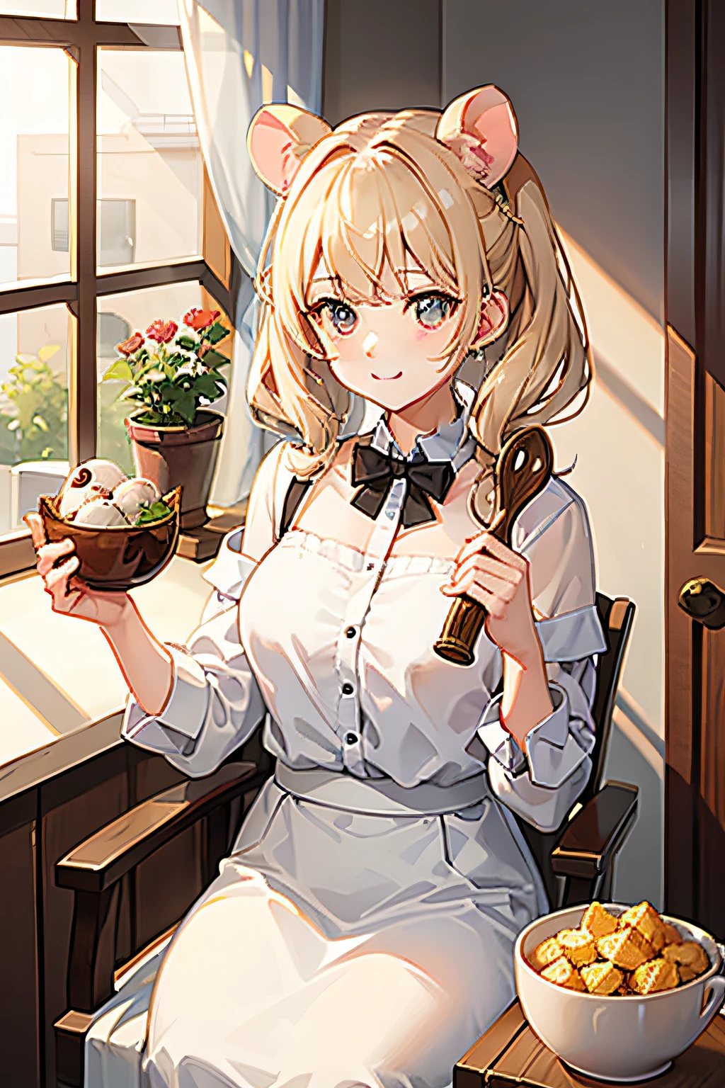 The cute lady hamster holds a bowl