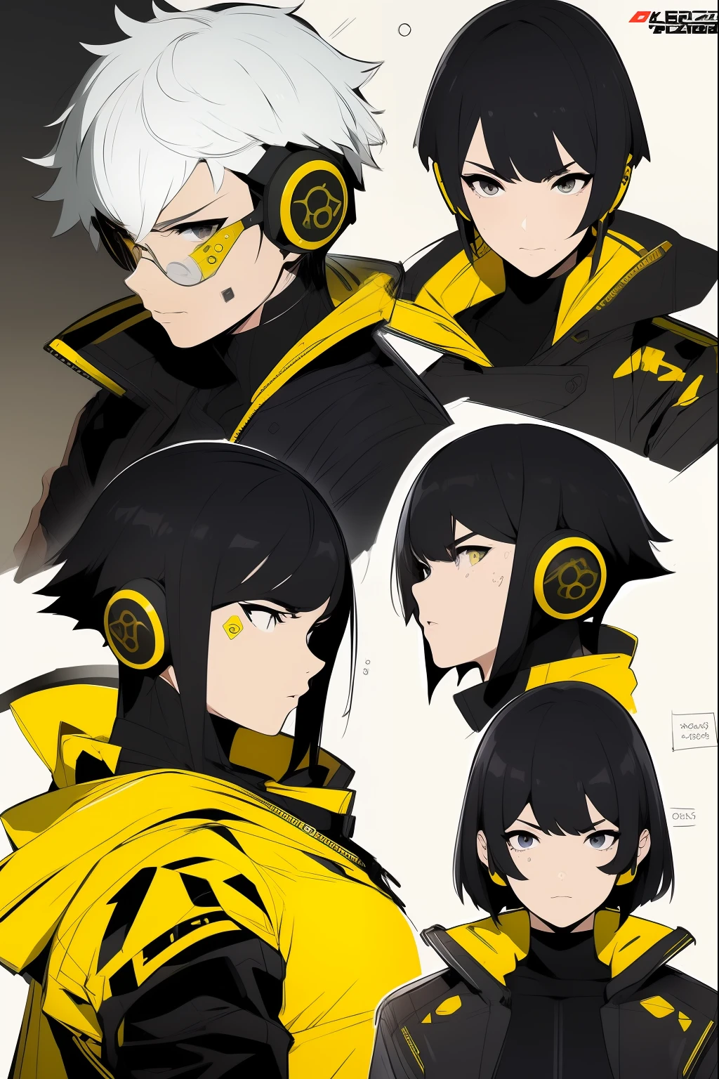 Yellow theme，Masterpiece,Best quality,offcial art,Extremely detailed Cg Unity 8K wallpaper,1girll, joy, Anger and sadness on various expressions，Short hairstyle，Glowing fist，Mechanical headphones，（（（Yellow combat uniform））），a black cloak，Hand-held laser metal weapons，White hair，character  design，Zhuzeshegi，Sketch line diagram,