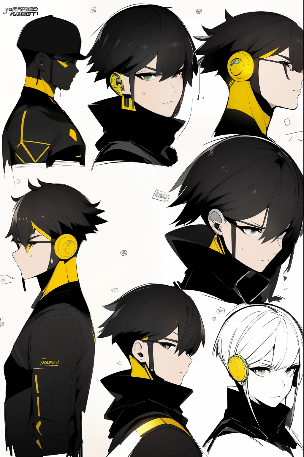 Yellow theme,Masterpiece,Best quality,offcial art,Extremely detailed Cg Unity 8K wallpaper,1girll, joy, Anger and sadness on various expressions,Short hairstyle,Glowing fist,Mechanical headphones,(((Yellow combat uniform))),a black cloak,Hand-held laser metal weapons,White hair,character design,Zhuzeshegi,Sketch line diagram,