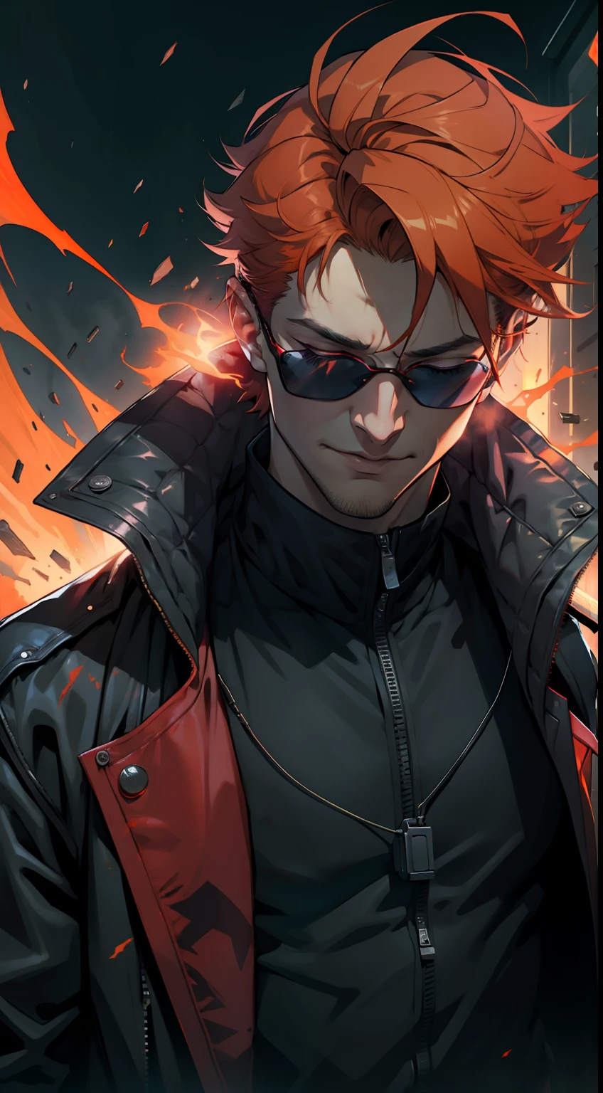 a blind guy emanating a red aura wearing a black jacket and sunglasses with short orange hair closed eyes, mature man, matt murdock