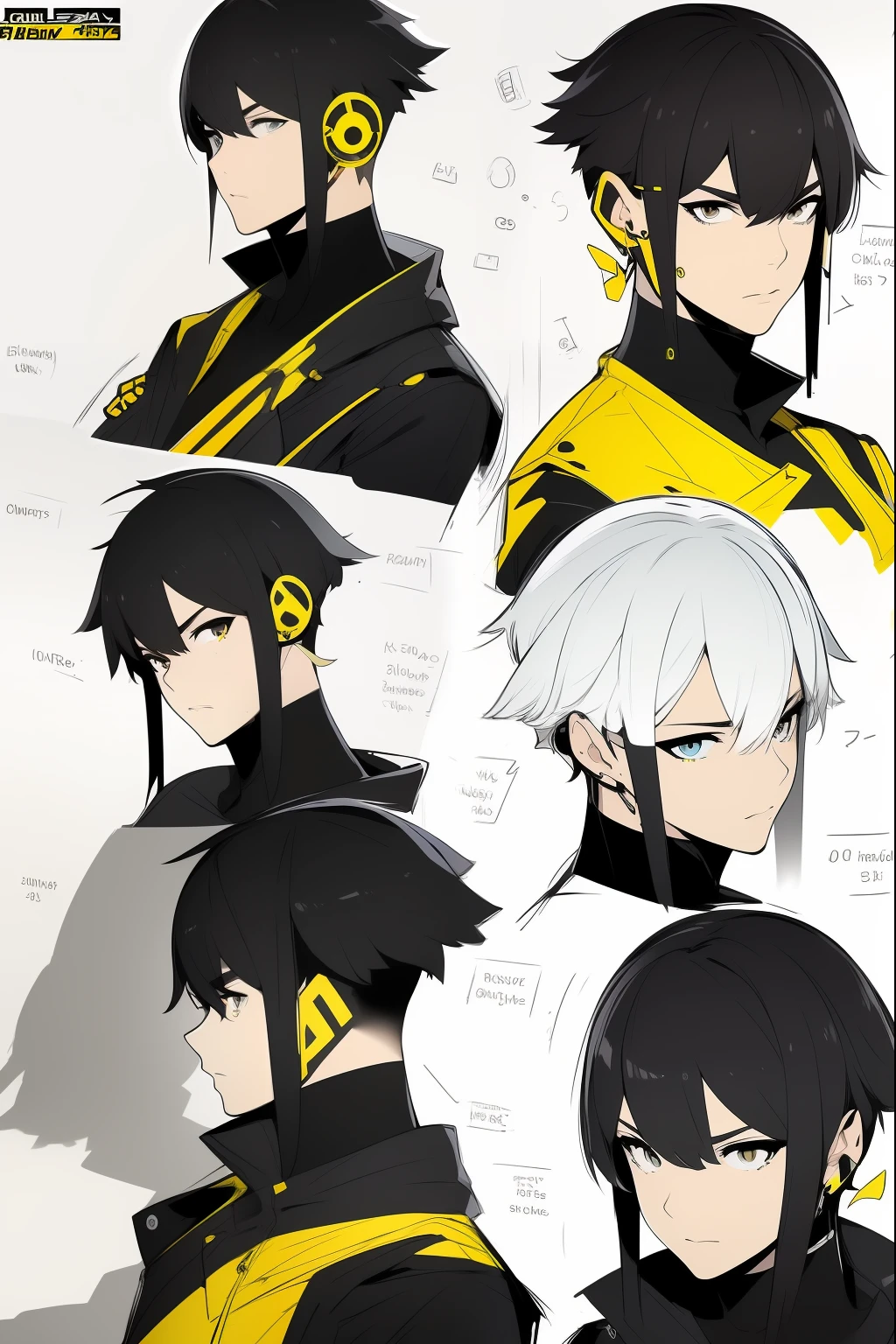 Yellow theme，Masterpiece,Best quality,offcial art,Extremely detailed Cg Unity 8K wallpaper,1girll, joy, Anger and sadness on various expressions，Short hairstyle，Glowing fist，Mechanical headphones，（（（Yellow combat uniform））），a black cloak，Hand-held laser metal weapons，White hair，character  design，Zhuzeshegi，Sketch line diagram,