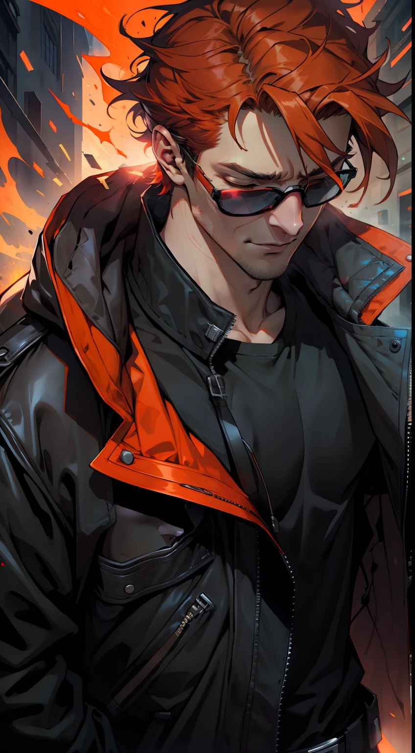 a blind guy emanating a red aura wearing a black jacket and sunglasses with short orange hair closed eyes, mature man, matt murdock