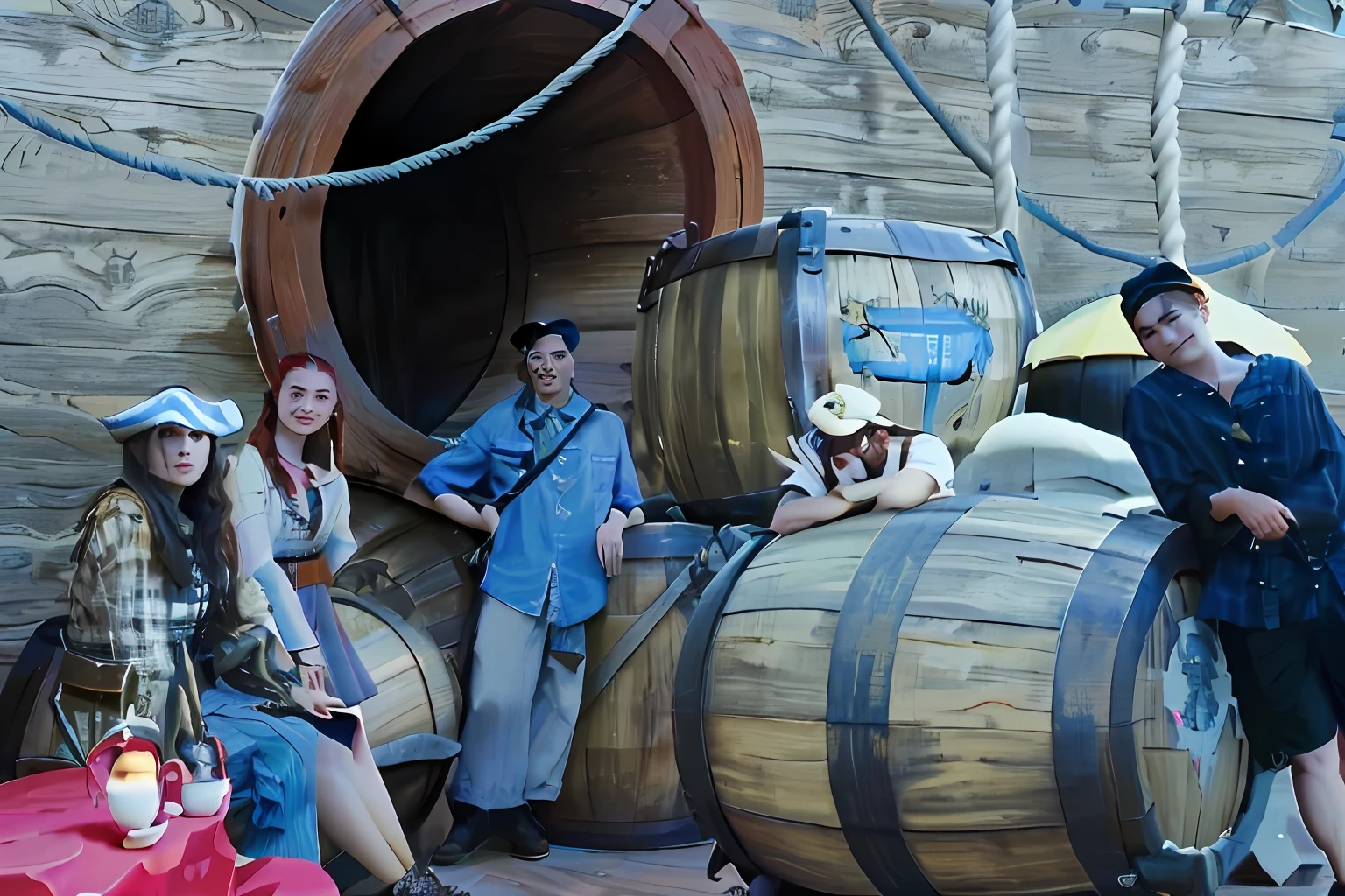 The three stand in front of a barrel next to the pirate ship background，The photo was taken on 2020，Style reference《Sea of Thieves》，Passionate pirate theme，Alice attends a crazy tea party，And combined with elements of Stuido Ghibli，Create pirate bucket chests in vacation photos。